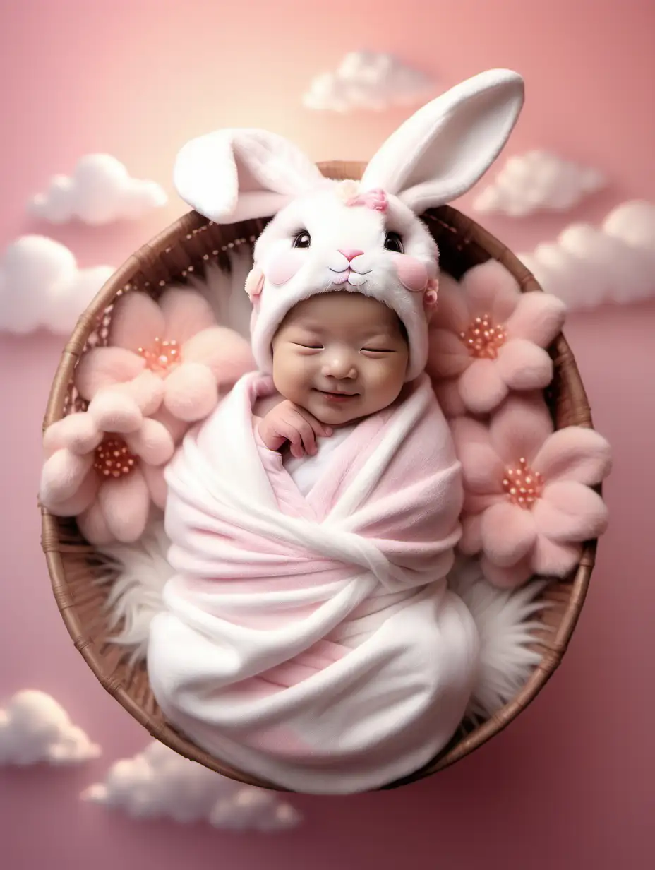 chinese fluffy rabbit hat wrapped newborn baby girl smiling  fantasy background with oriental flowers clouds and chinese rabbit in white and clean baby pink with soft pink sunset background