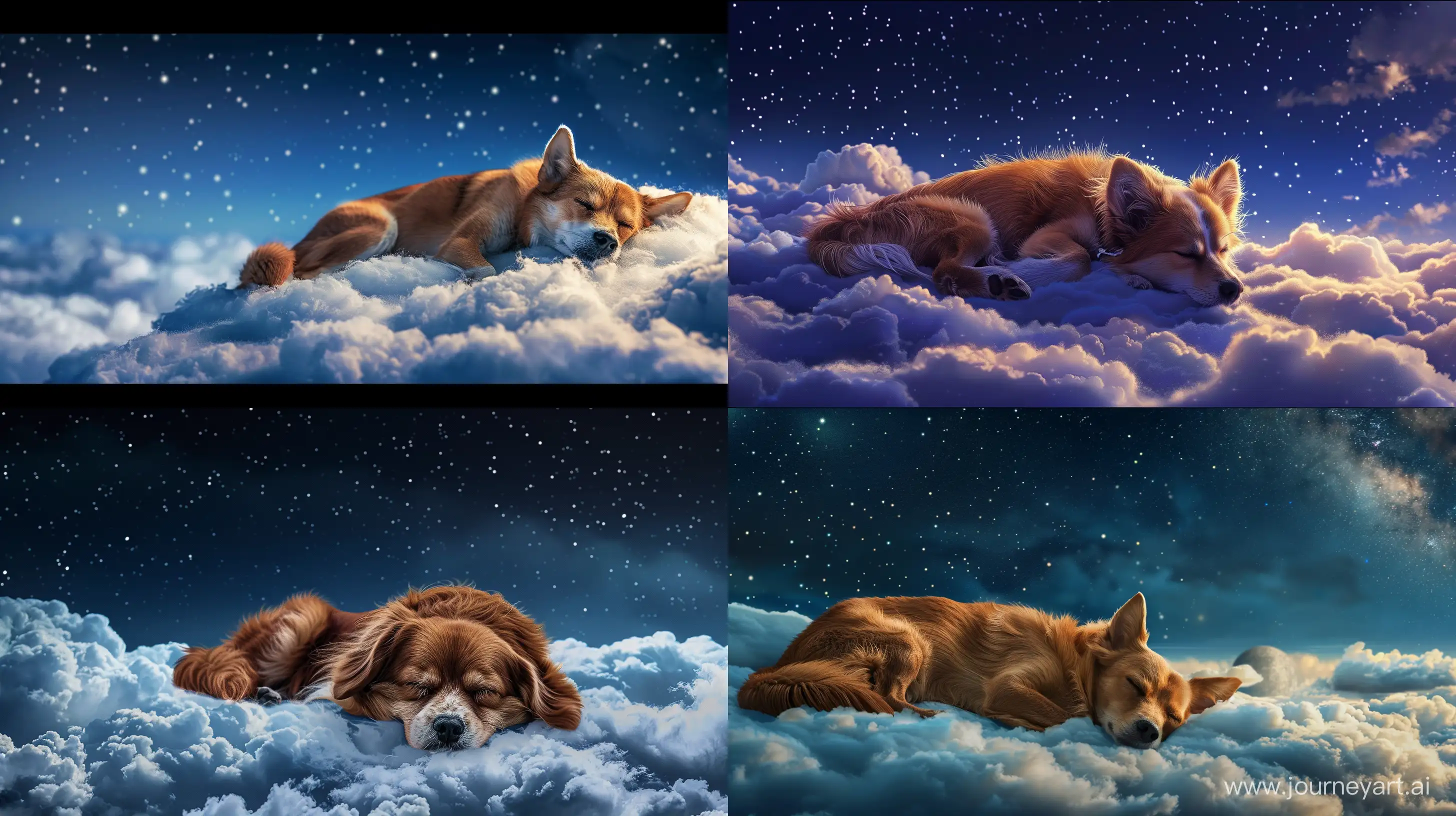 一只可爱的狗狗在夜空中的云上熟睡全景图，超真实，大师作品，8K --ar 16:9