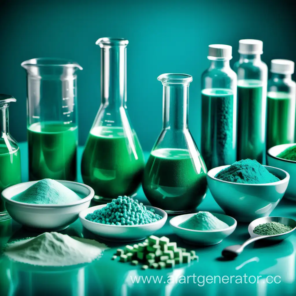 Пищевая промышленность и химия: производство пищевых добавок, консервантов, ароматизаторов, красителей в зеленых, бирюзовых тонах
