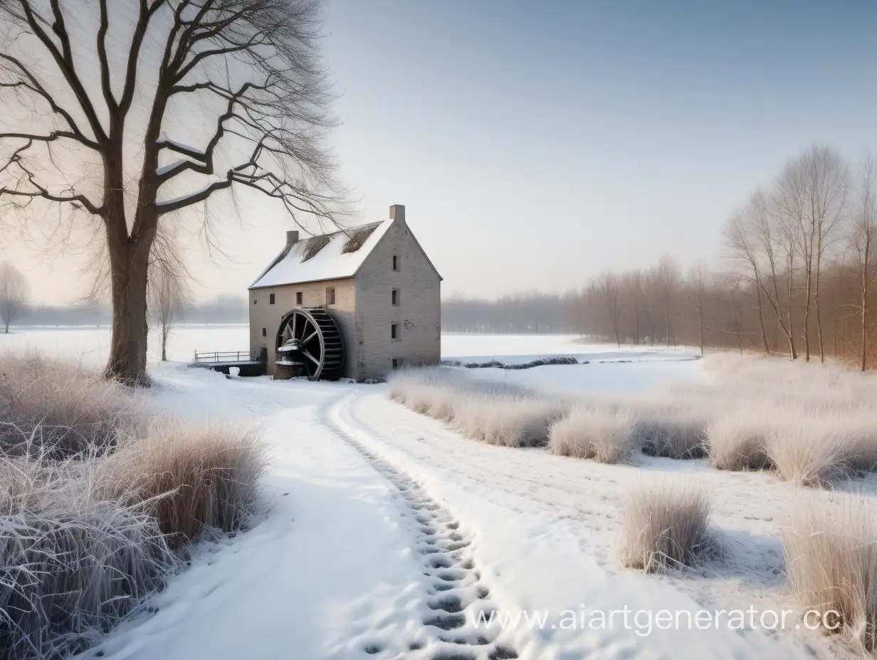 Serene-Winter-Scene-with-Old-Watermill-and-Trees