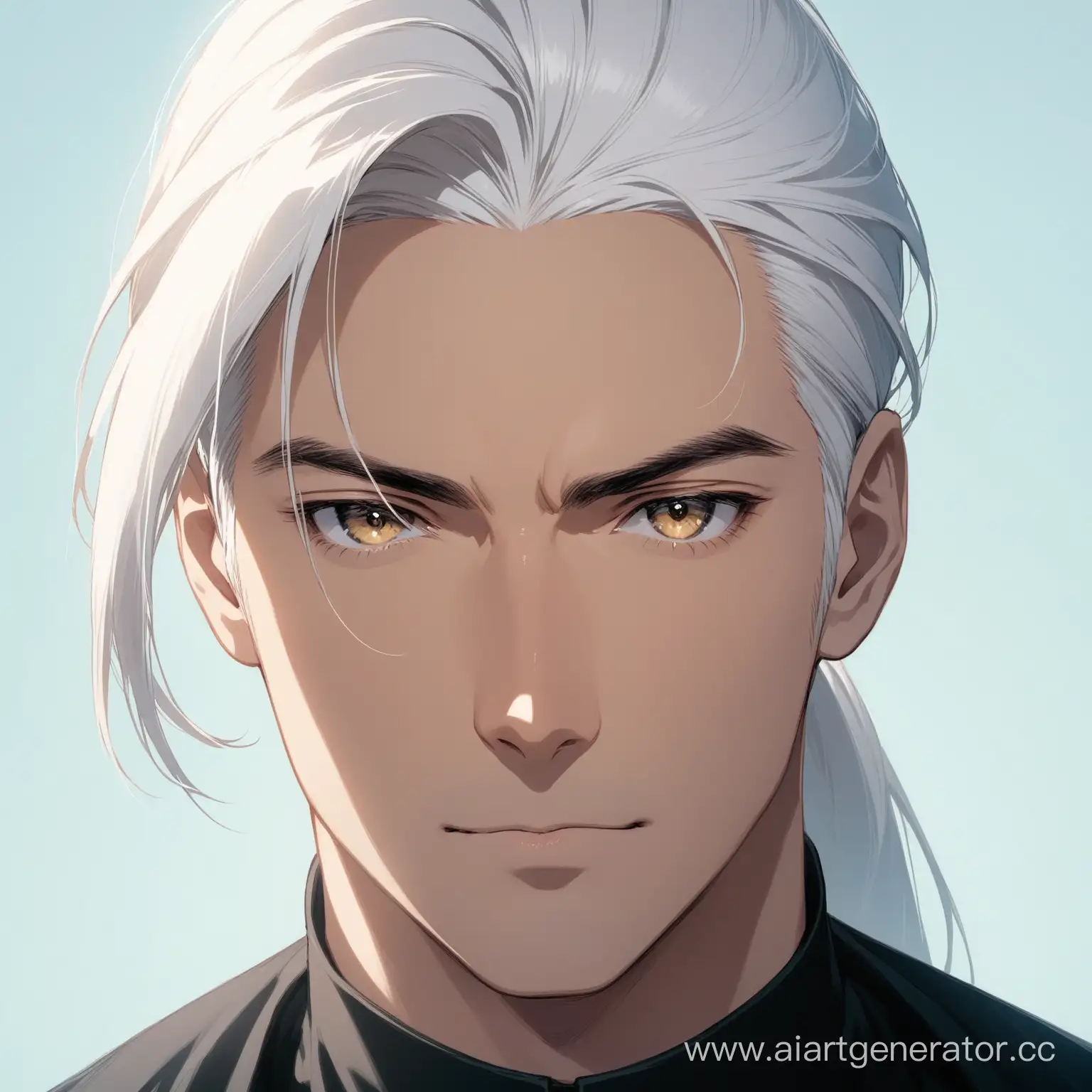A man with white hair with a ponytail looks directly at the camera