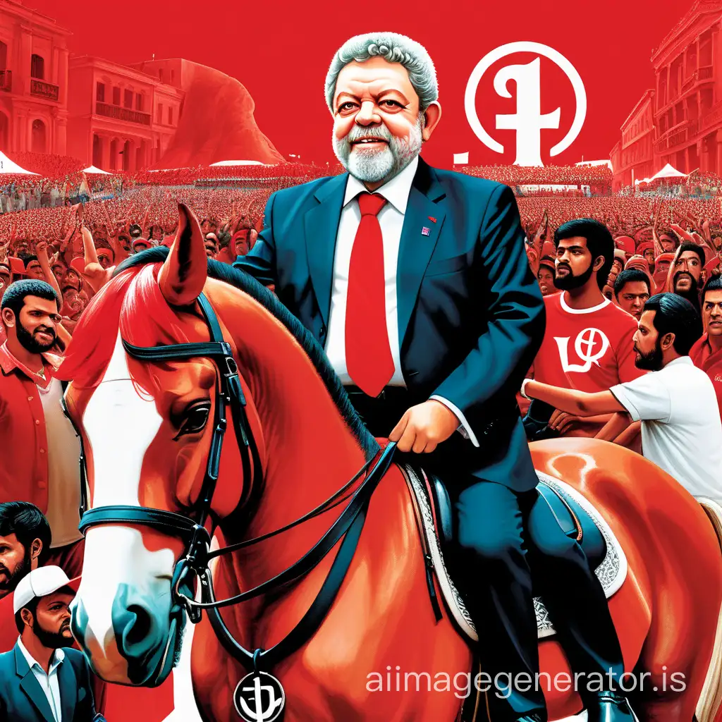 President Lula mounted on a horse with a crowd behind in red colors with the PT symbol