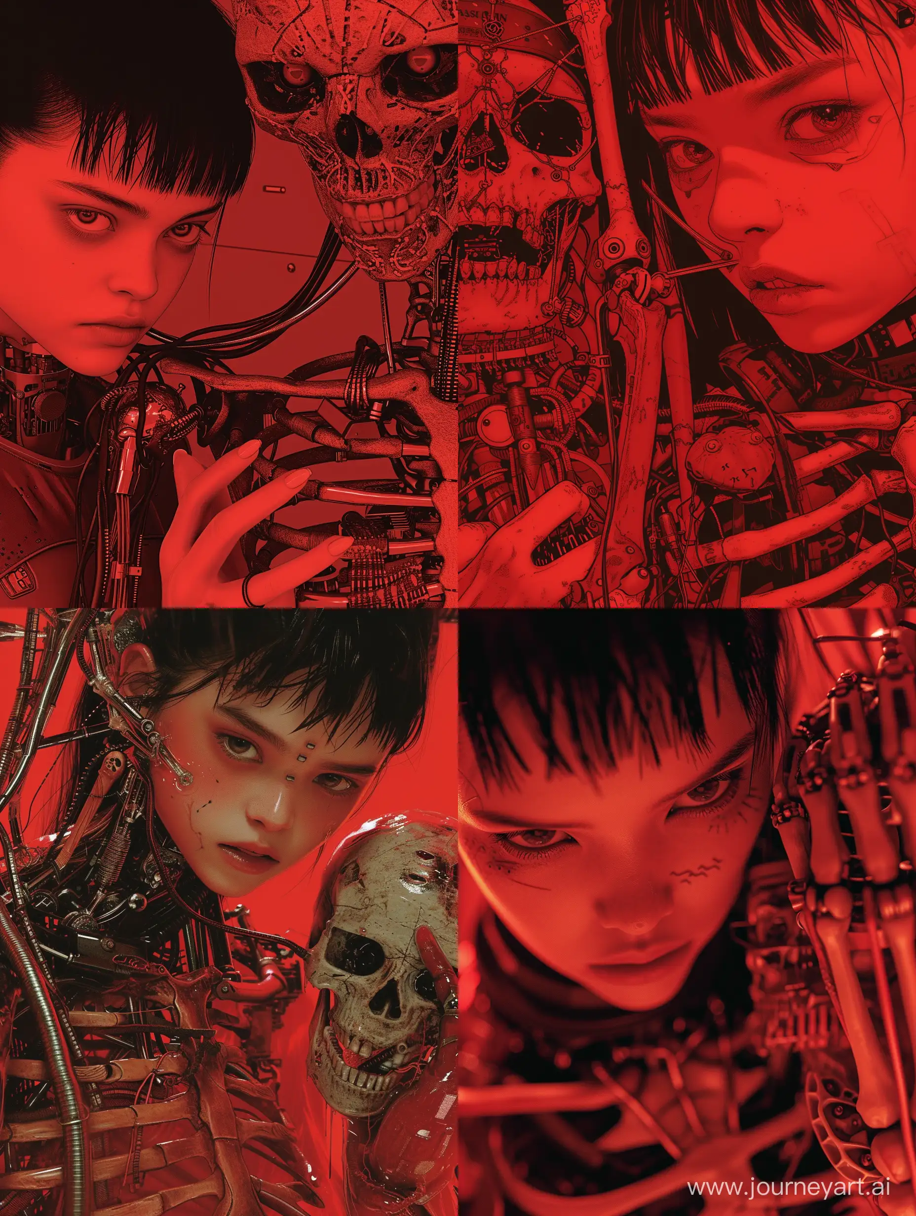 a close up of a person holding a skeleton, asuka langley, by Kuno Veeber, red color scheme, cyberpunk face, 1980 manga, nekro, connected to heart machines, young angry woman, twitter pfp, japanese cgi