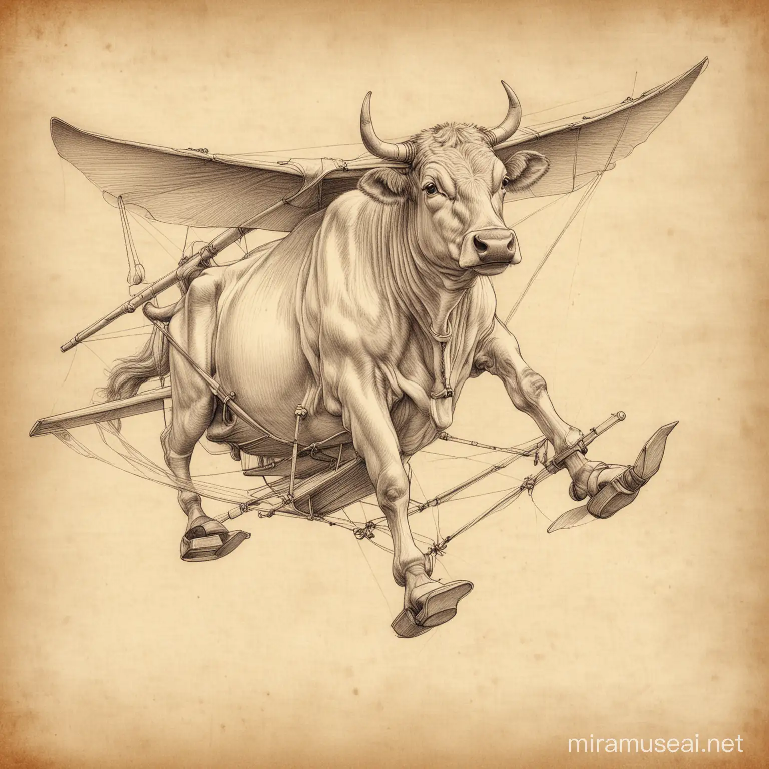 a sketch of a cow piloting a glider drawn in the style of leonardo da vinci pencil sketch