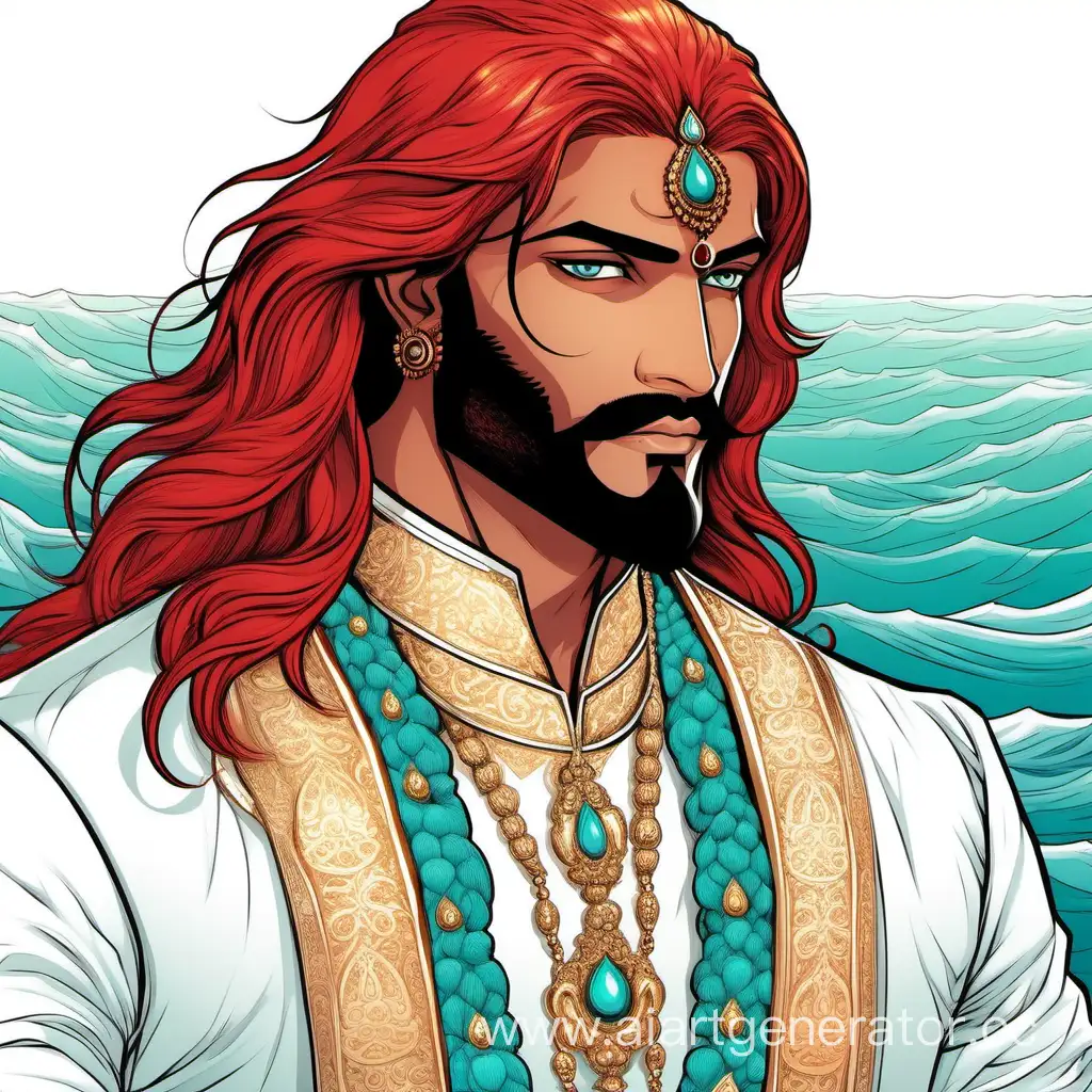 Индийский молодой принц, красивый, длинные алые волосы и бирюзовые глаза, небольшая алая бородка, накаченный, белая ширвани, золотые украшения, интим, эротика, океан, симметрия, рисунок, комикс, 