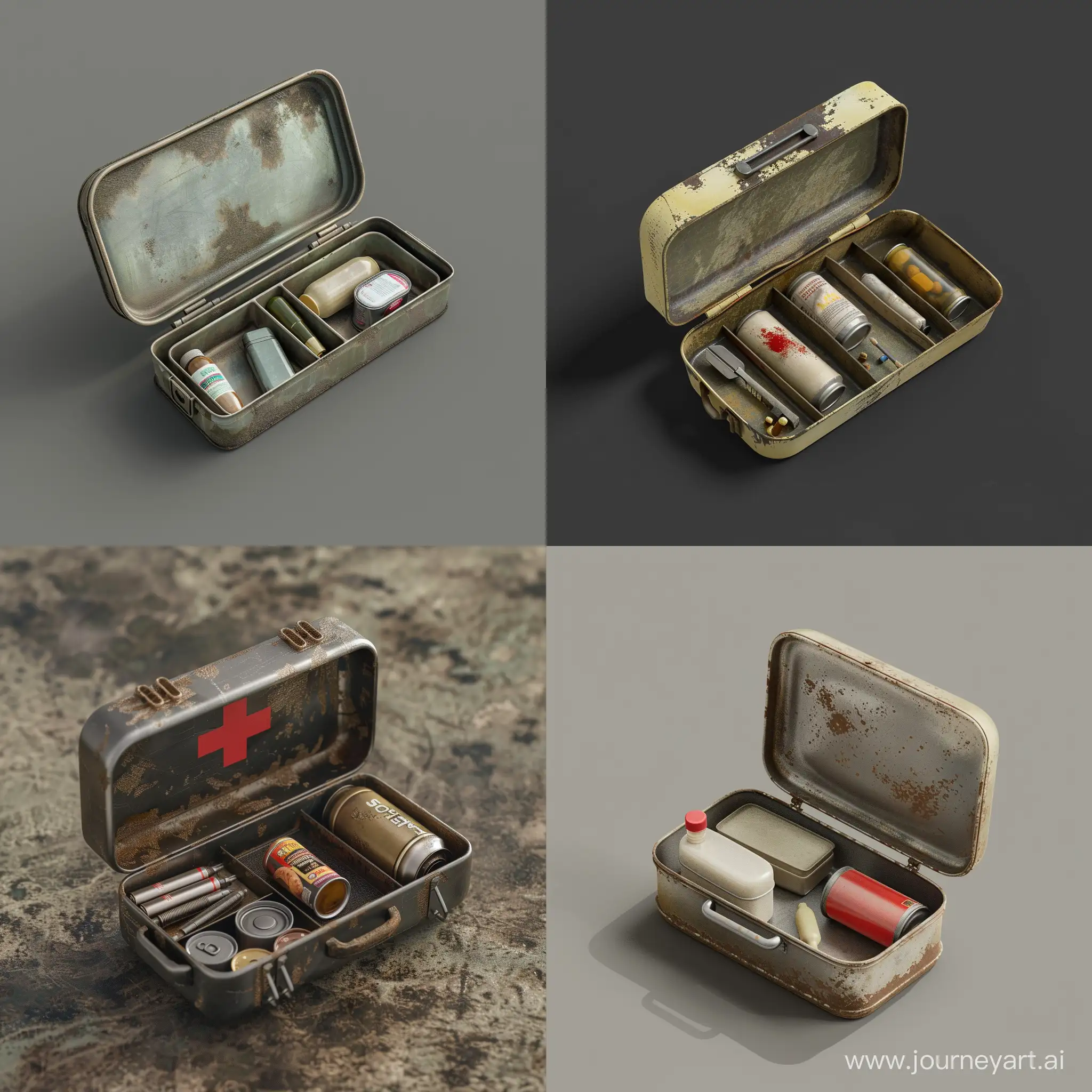 isometric realistic mini very small simple opened survival kit in realistic worn simple oblong metal case, 3d render, stalker style, less details, hunting first aid, hygiene, canned