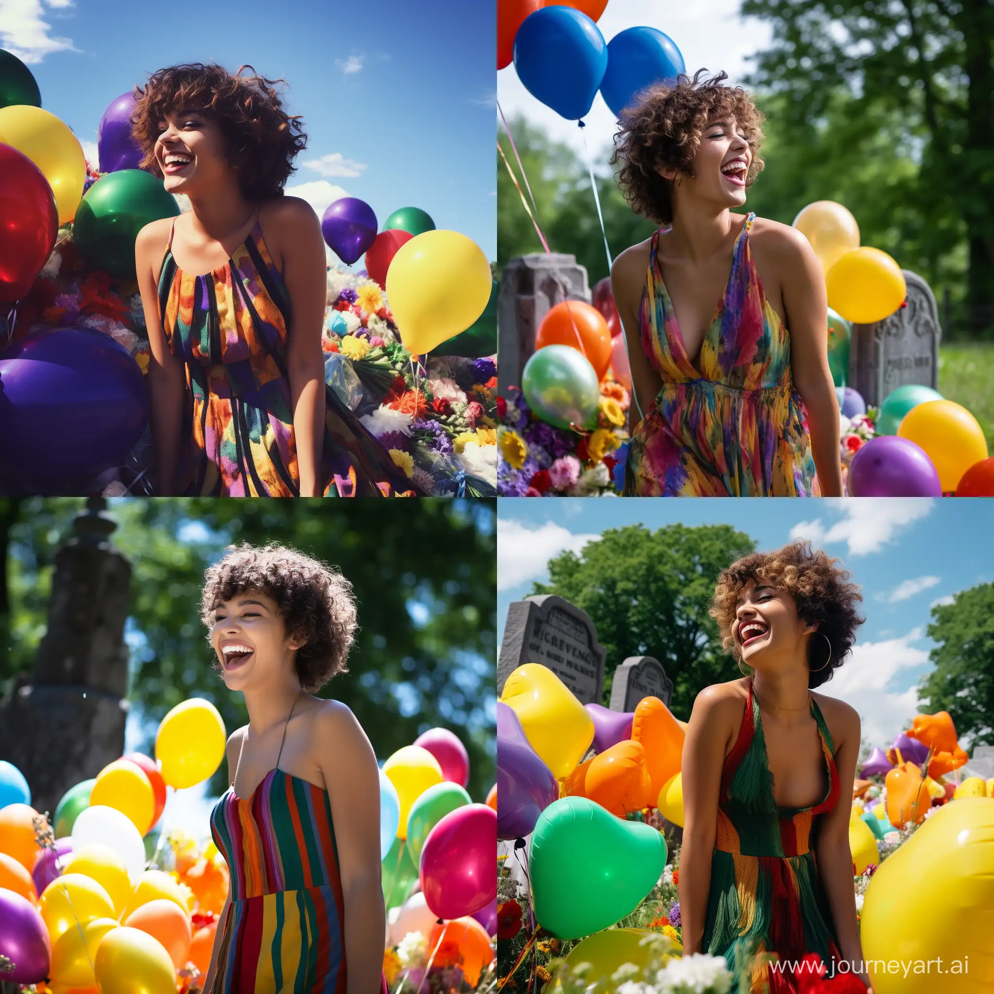 A joyful, laughing person with colorful balloons standing in a stark, lifeless graveyard. The person is of Hispanic descent, mid-20s, with short curly hair, wearing a bright yellow summer dress. The balloons are in a mix of vibrant colors: red, blue, green, and purple. The graveyard is gray and gloomy, with old tombstones and bare trees, creating a contrast between the liveliness of the balloons and the somberness of the surroundings. The light is soft, suggesting early morning. The scene captures a poignant juxtaposition of life and death, happiness amidst solemnity.