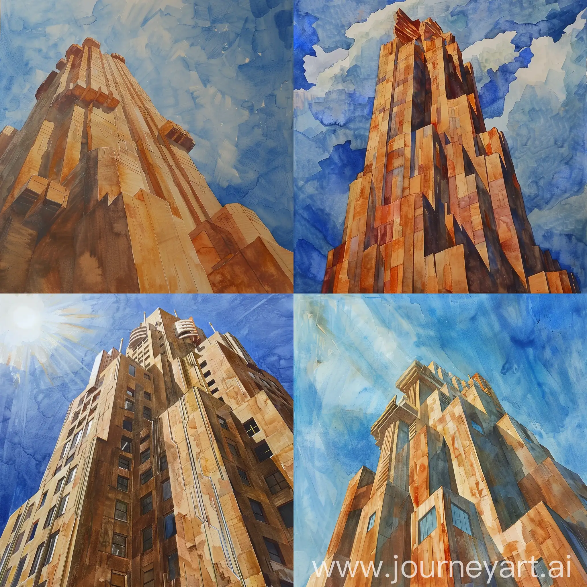 art deco skyscraper made in untreated wood, sunny day, aquarell painting