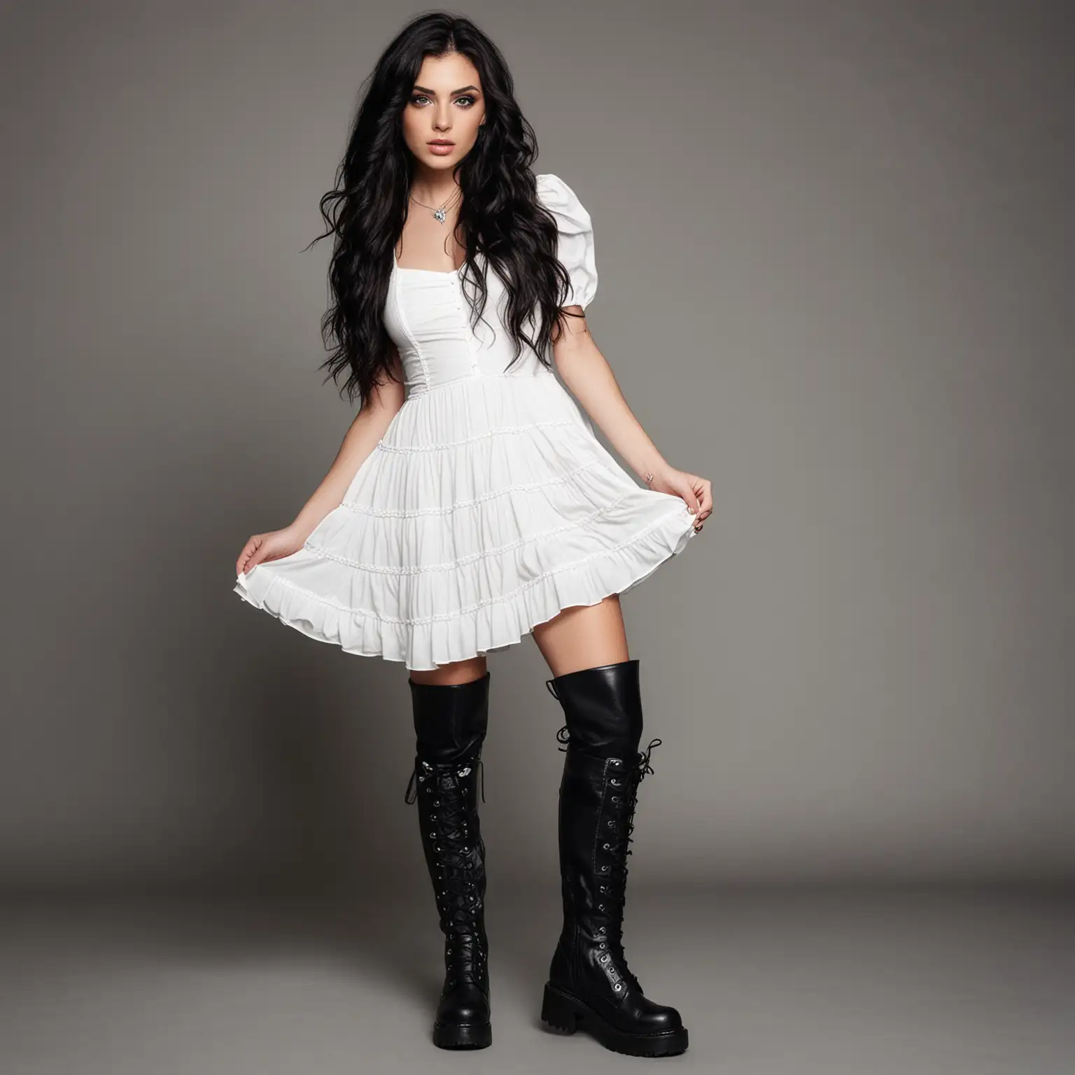 Edgy Rockstar Model Posing in Long Wavy Black Hair and Combat Boots