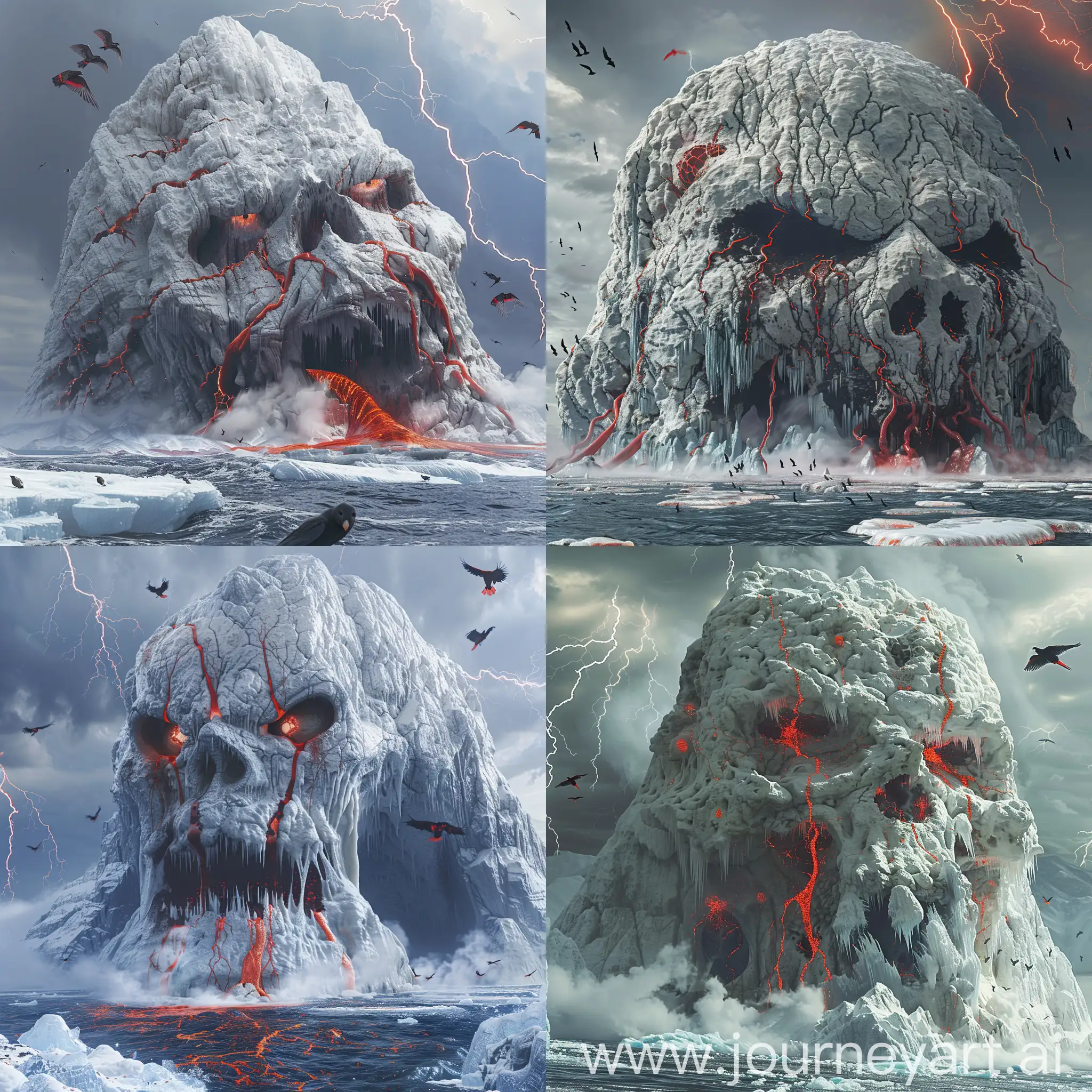a large mountain looks like a scary horrible old sick repugnant head of Demon made of white rock (covered with lots of very big and large red arteries and vein), lots of red lava flow from the eyes and the mouth above the frozen ocean, transforming the ice into steam, some black and red birds , in the style of photorealistic renderings, mountainous vistas, horror, gothic, fear, firecore, night lightning storm, frozen light fog, style cinema , HDR, 8K, dark and Hell atmosphere
