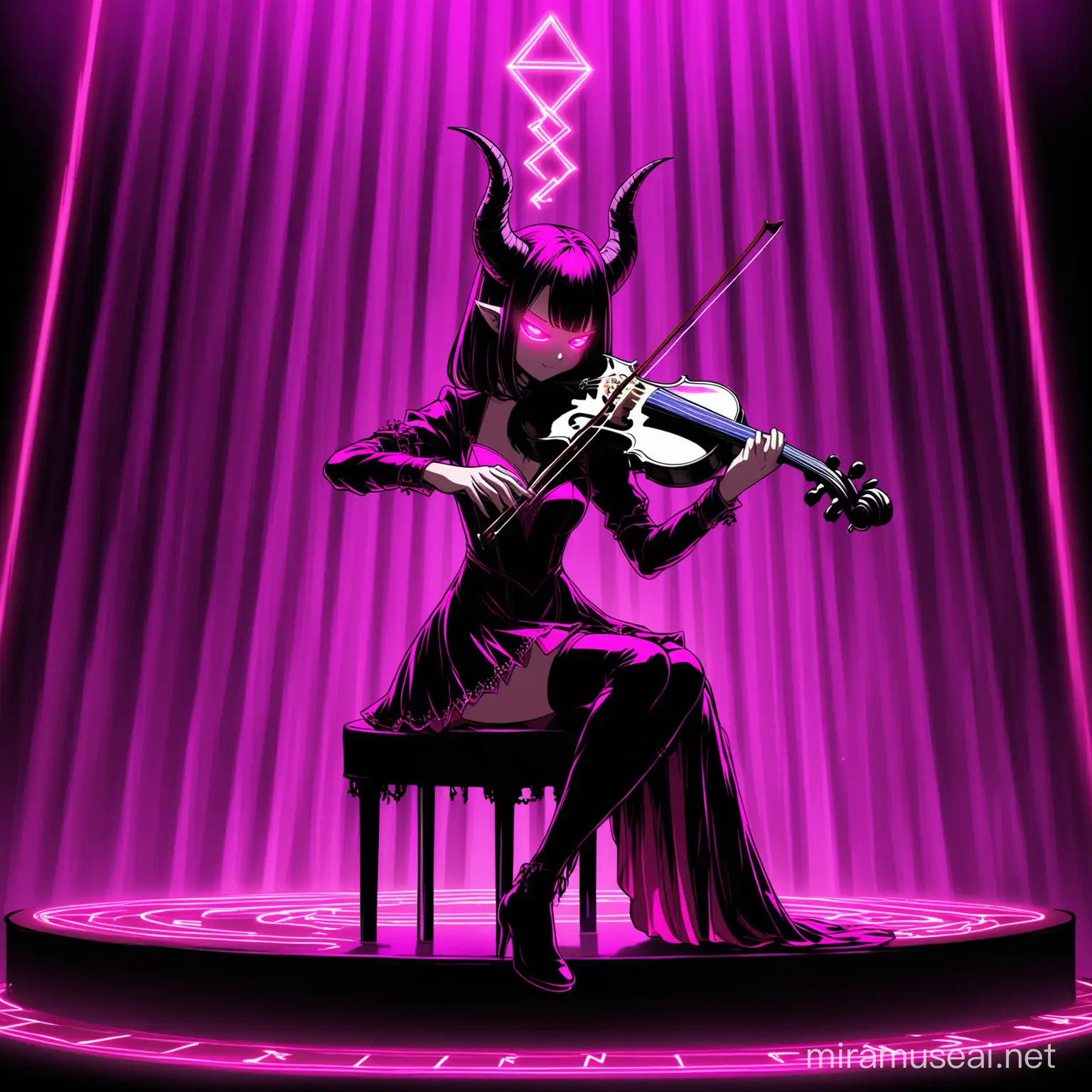 Ventillaquist-dummy playing the violin
appreance- demon /female/horns/ full body/ sitting on stage/ noir red-pink outfit(dress)/ neon pink glowing eyes/ pink-runes-glyphs lines on violin/ cute/sullen face/
background- stage/noir purple curtains/ under light
