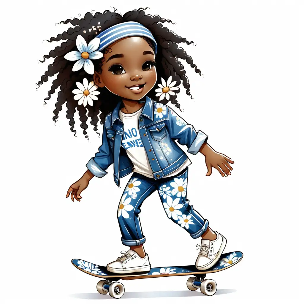African American Girl Skateboarding in Floral Blue and White Denim Outfit