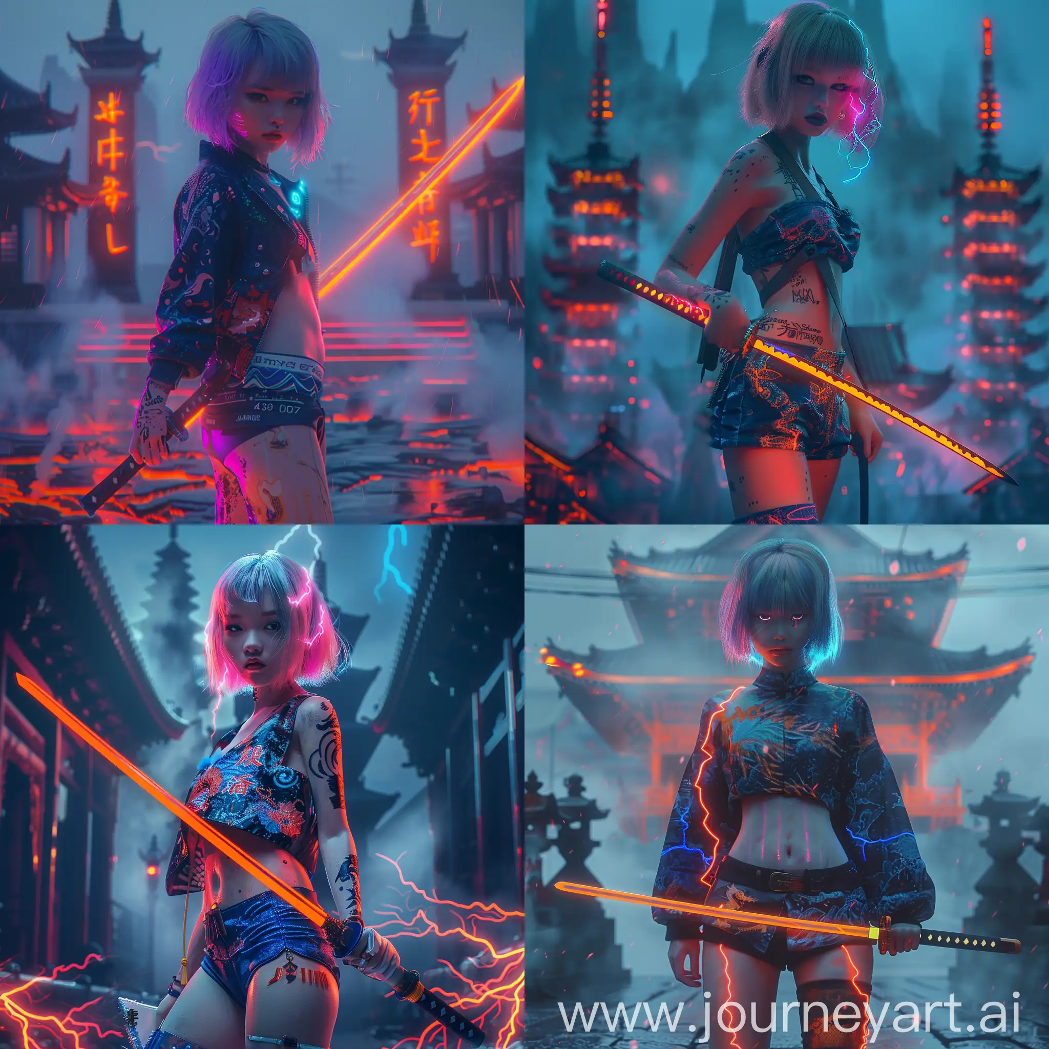 cute and sexy japaneese girl with sword , dark lava toned temple background , foggy background , neon orange lightning , neon pink and blue short hair , ultra realistic , futuristic , hd , dramatic background , skinny , vaporwave