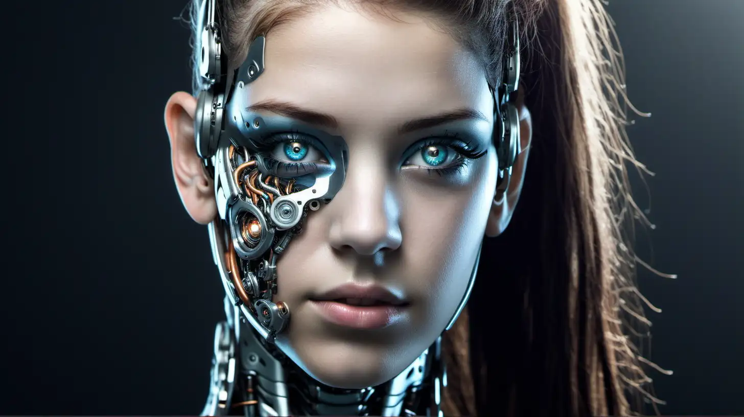 Cyborg woman, 18 years old. She has a cyborg face, but she is extremely beautiful. Natural eyes.