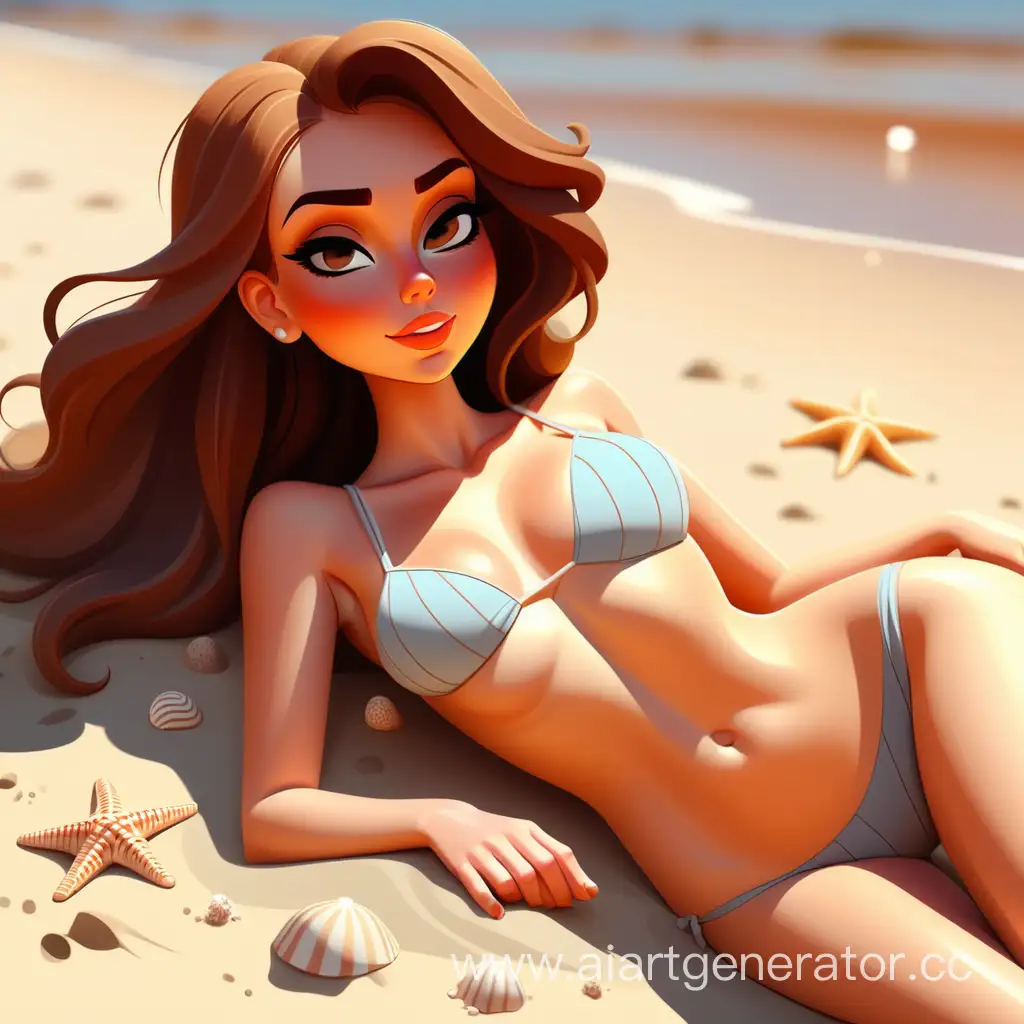 красивая девушка лежит на берегу моря загорает на пляже, мультик
