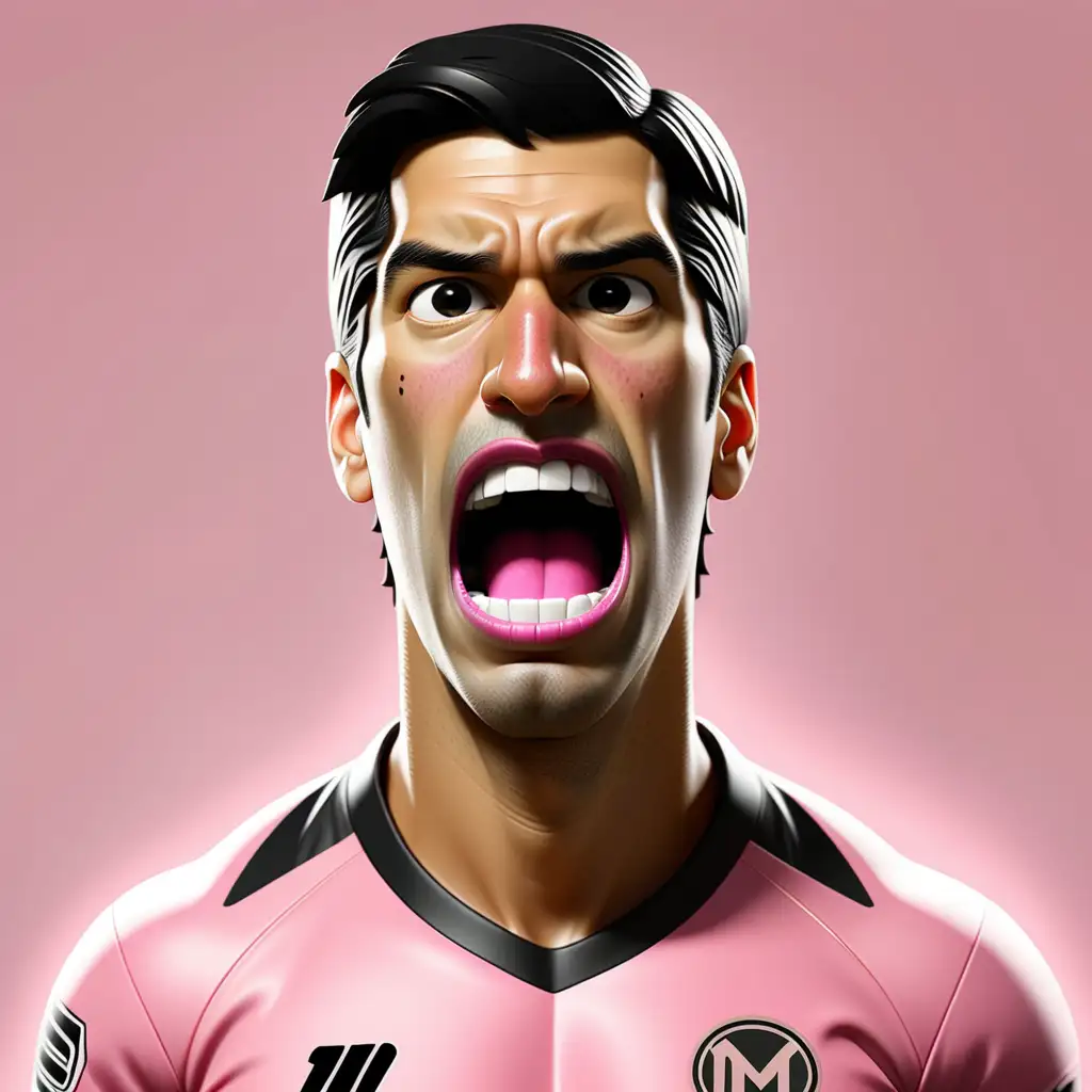 cartoon Image of Luis Suarez as he looks in 2024 in PINK inter-miami Jersey, ready to bite
do not show any logos or other trademarks