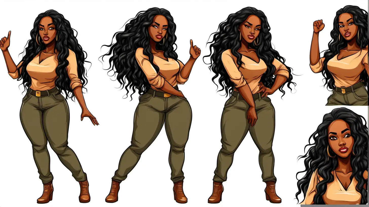 create a sprite sheet of unique poses and facial expressions of a beautiful black woman with long black hair and brown eyes.  no background