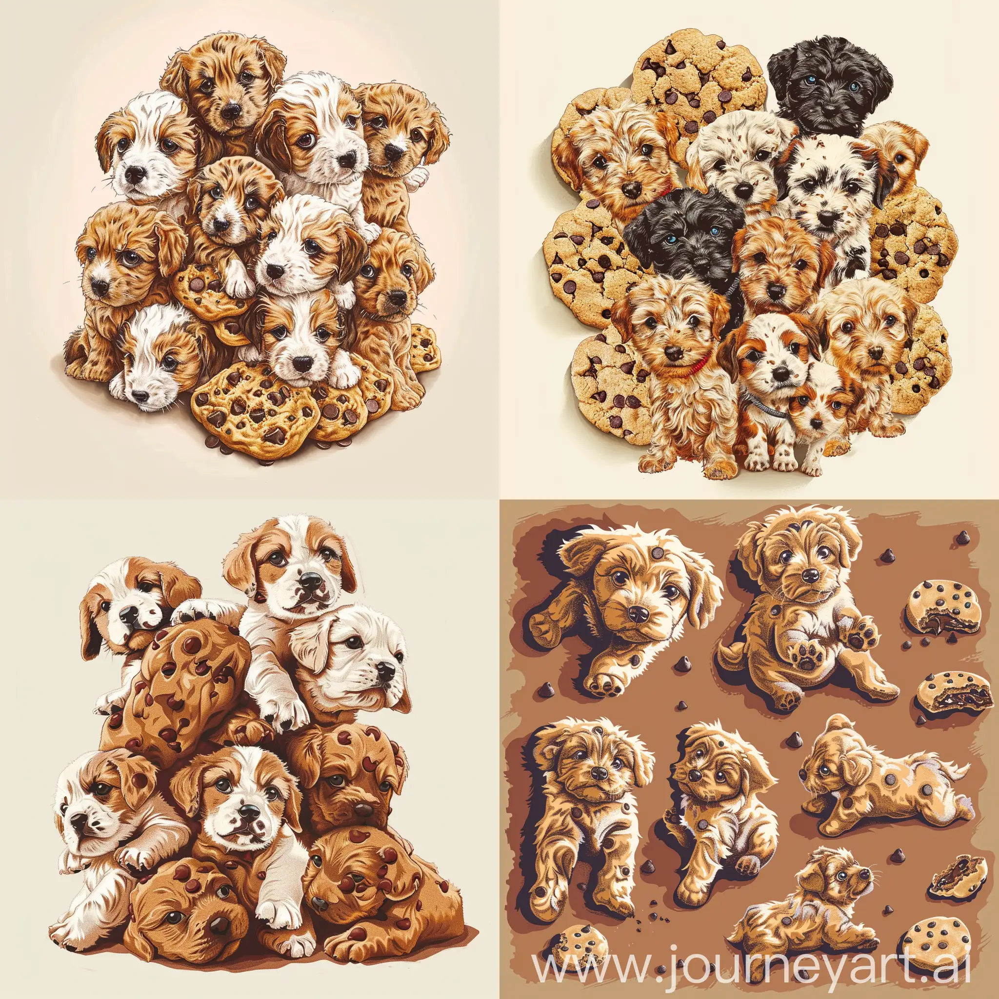 Detailed digital drawing of puppies made from chocolate chip cookies