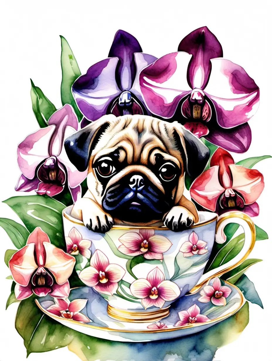 Enchanting Teacup Pug Surrounded by Exotic Orchids