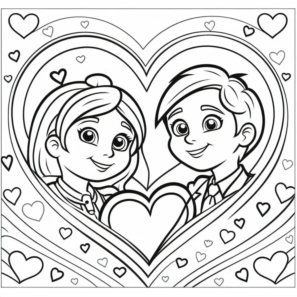coloring book for kids, boys and girls with hearts, cartoon style, thick lines, low detail, no shading, -- ar, 9:11