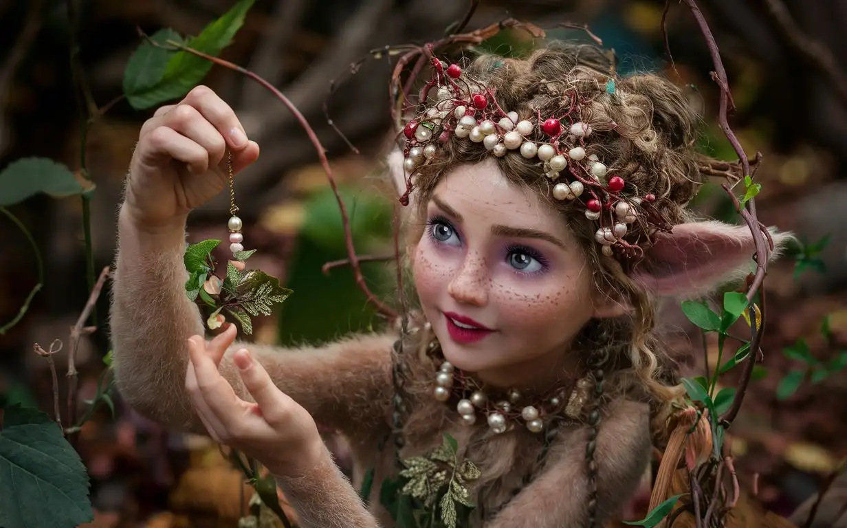 The faun girl is holding a forest ornament in her hand, she looks forest-like and has many different beads of pearls and berries around her neck and head