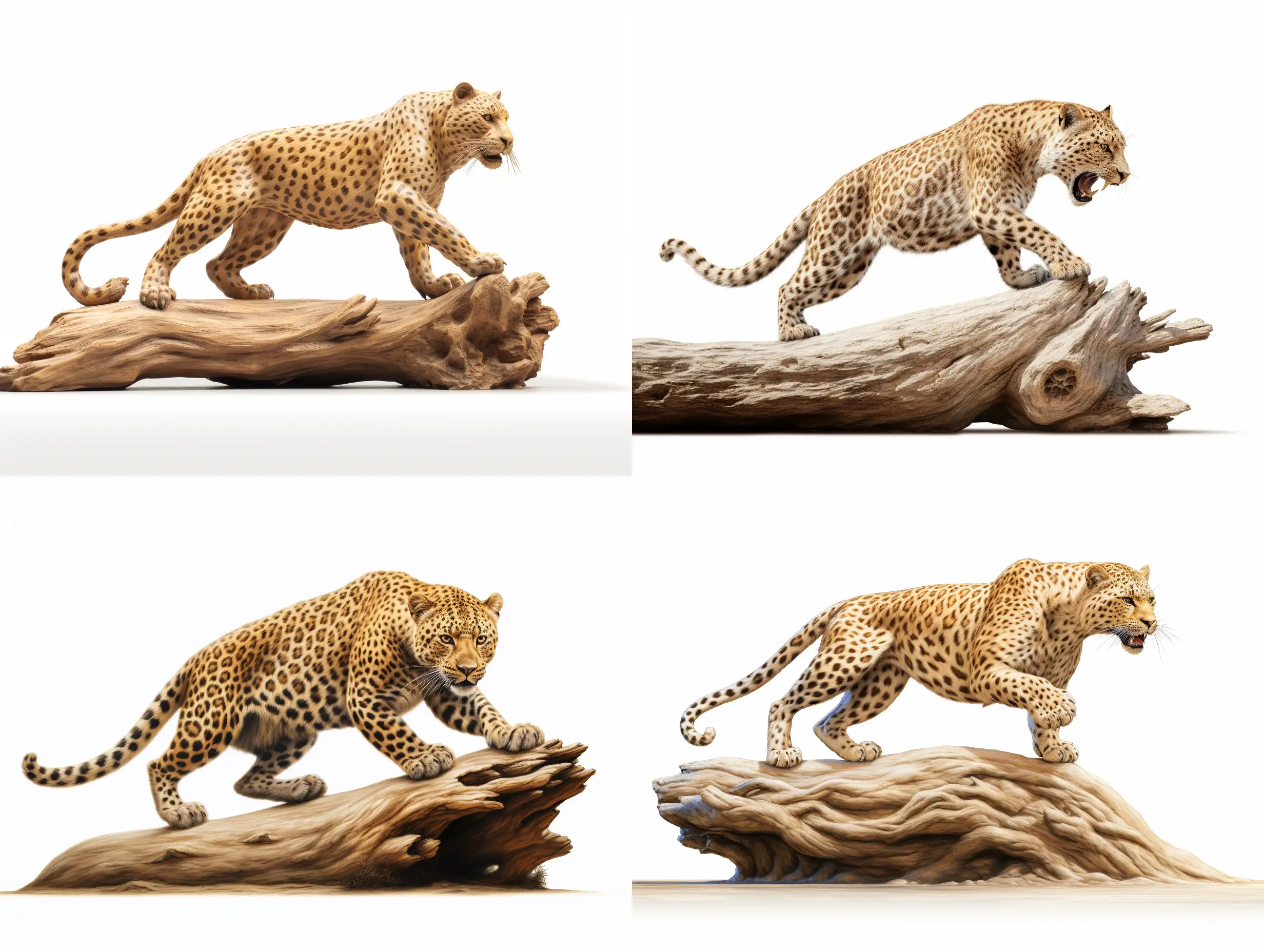 Professional sketch for wooden sculpture, a full-length cheetah leap over a log in profile, professional dynamic character, wood carving, ready for battle 3d, white background, 8k Render, ultra realistic