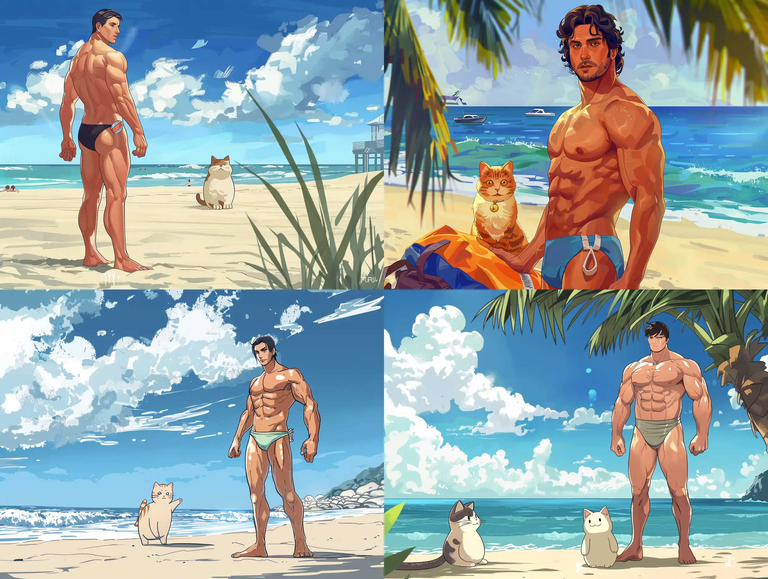 a man in a speedo on the beach with nyan cat. style is anime. 