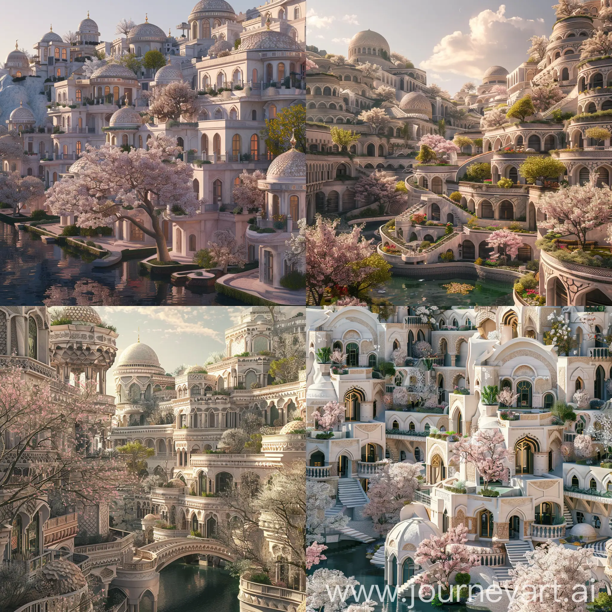 Beautiful futuristic metropolis in an alternate timeline where all buildings retain traditional elements, ornate travertine architecture with scale-like patterns on facades and blossoming trees, monumental terraced buildings, canals, Turkish vibe, spring morning, photograph