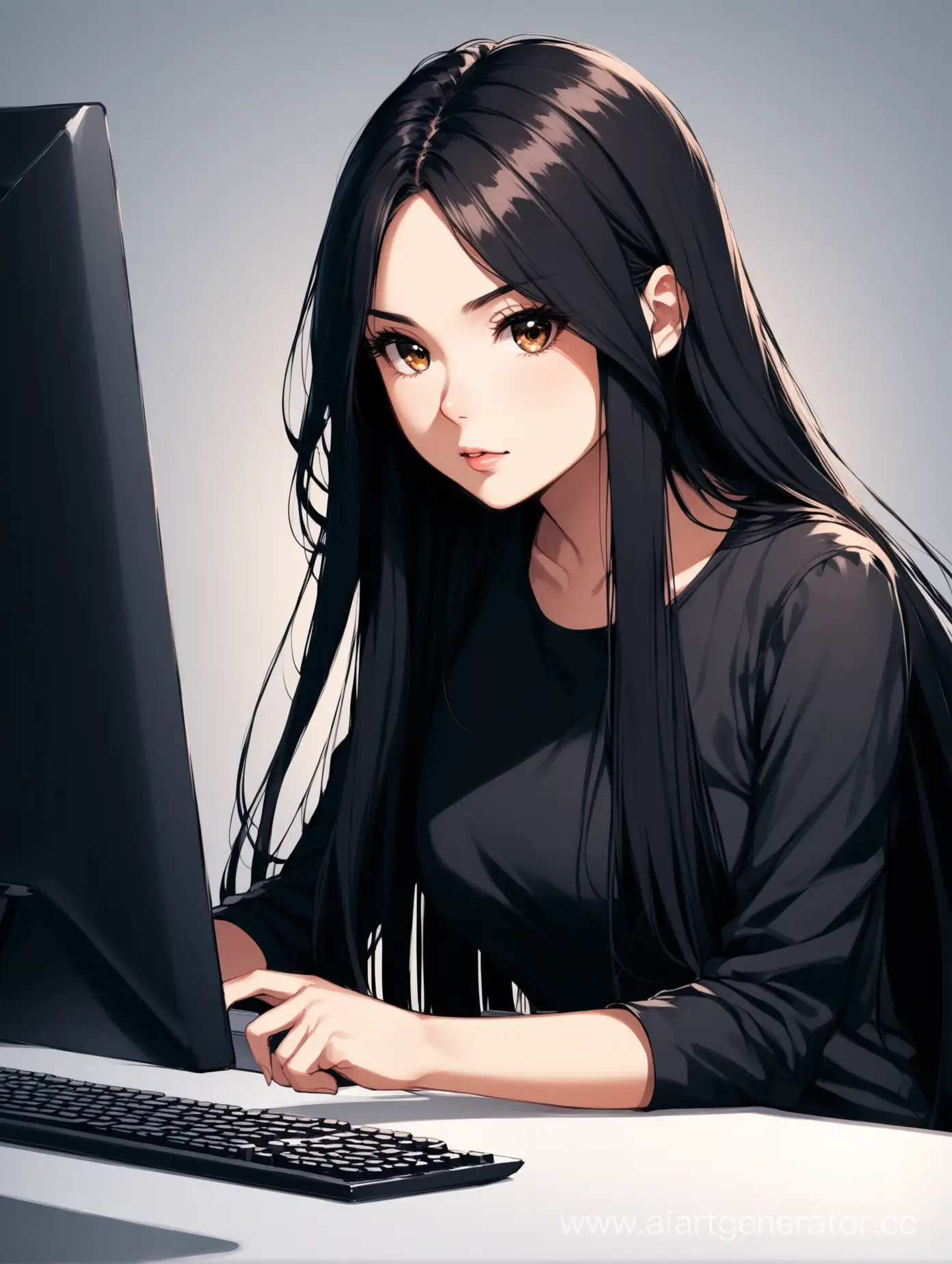 девушка дизайнер с темными длинными волосами за компьютером 