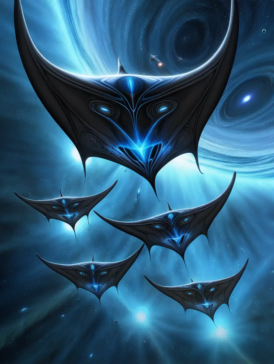 Depict the xeelee aliens, blue black shimmering manta ray like entities, they are made out of spacetime defects, they have an aura of gas coming off of them, orbiting  around a black hole in space, they have a sleek body,