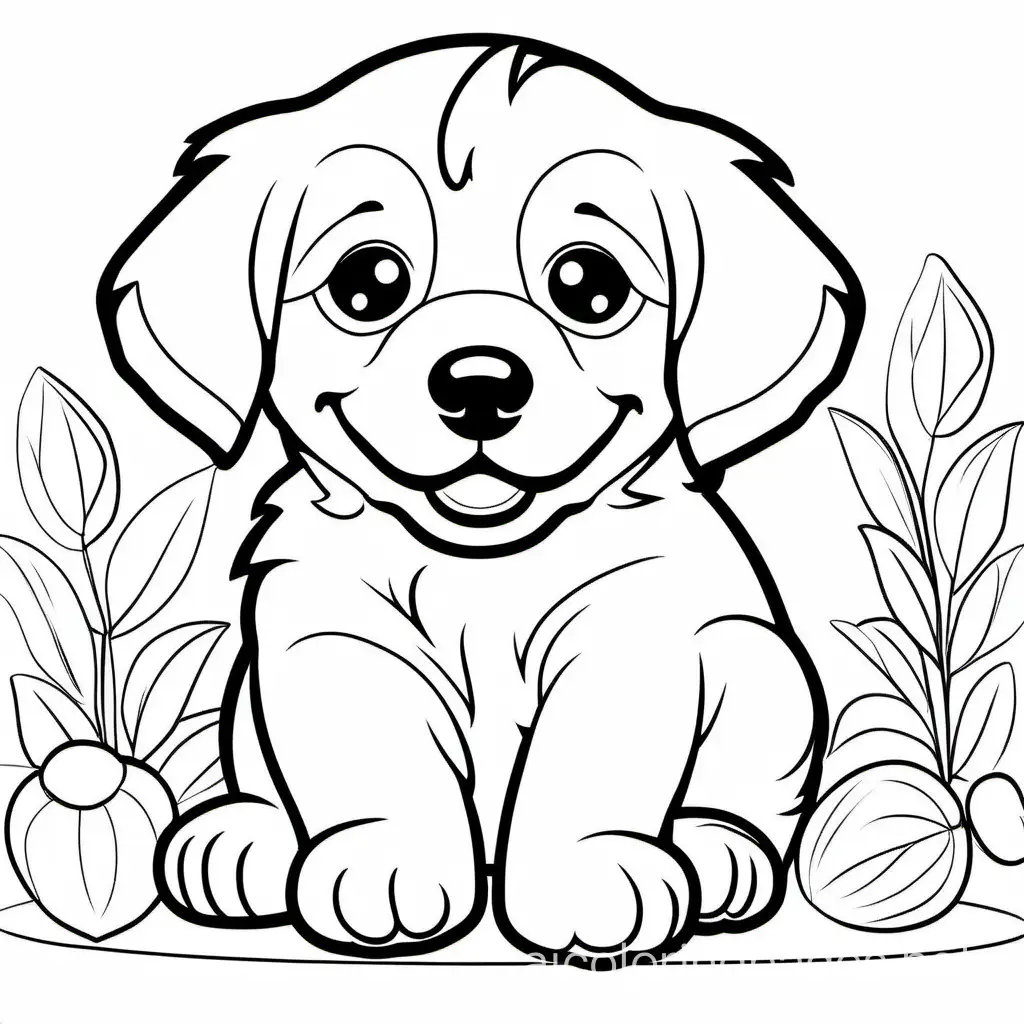 Create cute smiling Bernese puppies, Coloring Page, black and white, line art, white background, Simplicity, Ample White Space. The background of the coloring page is plain white to make it easy for young children to color within the lines. The outlines of all the subjects are easy to distinguish, making it simple for kids to color without too much difficulty