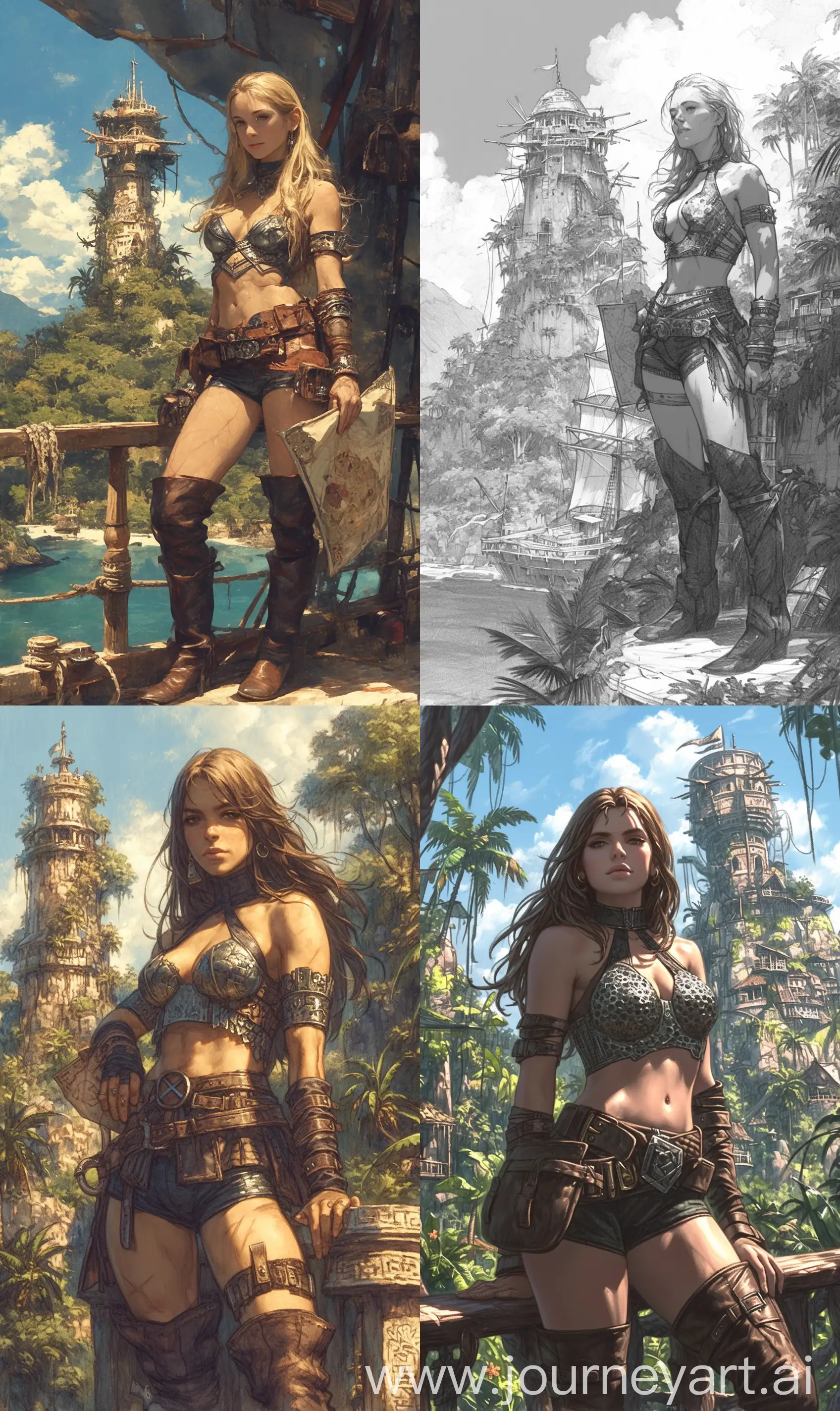 On the sailing frigate standing a Women warrior-queen in an exquisite costume with metal inserts resembling armor, a halter top, short shorts and leather high boots, holding a map of treasures, on the back of a tower of wizards and magic, mount and jungle , Luis Royo style, features, ancient, highly detailed, action poses, awesome face, complex, sketchbook art, composition, pencil art, X-Men comic book cover --niji 6 --ar 3:5 --s 999