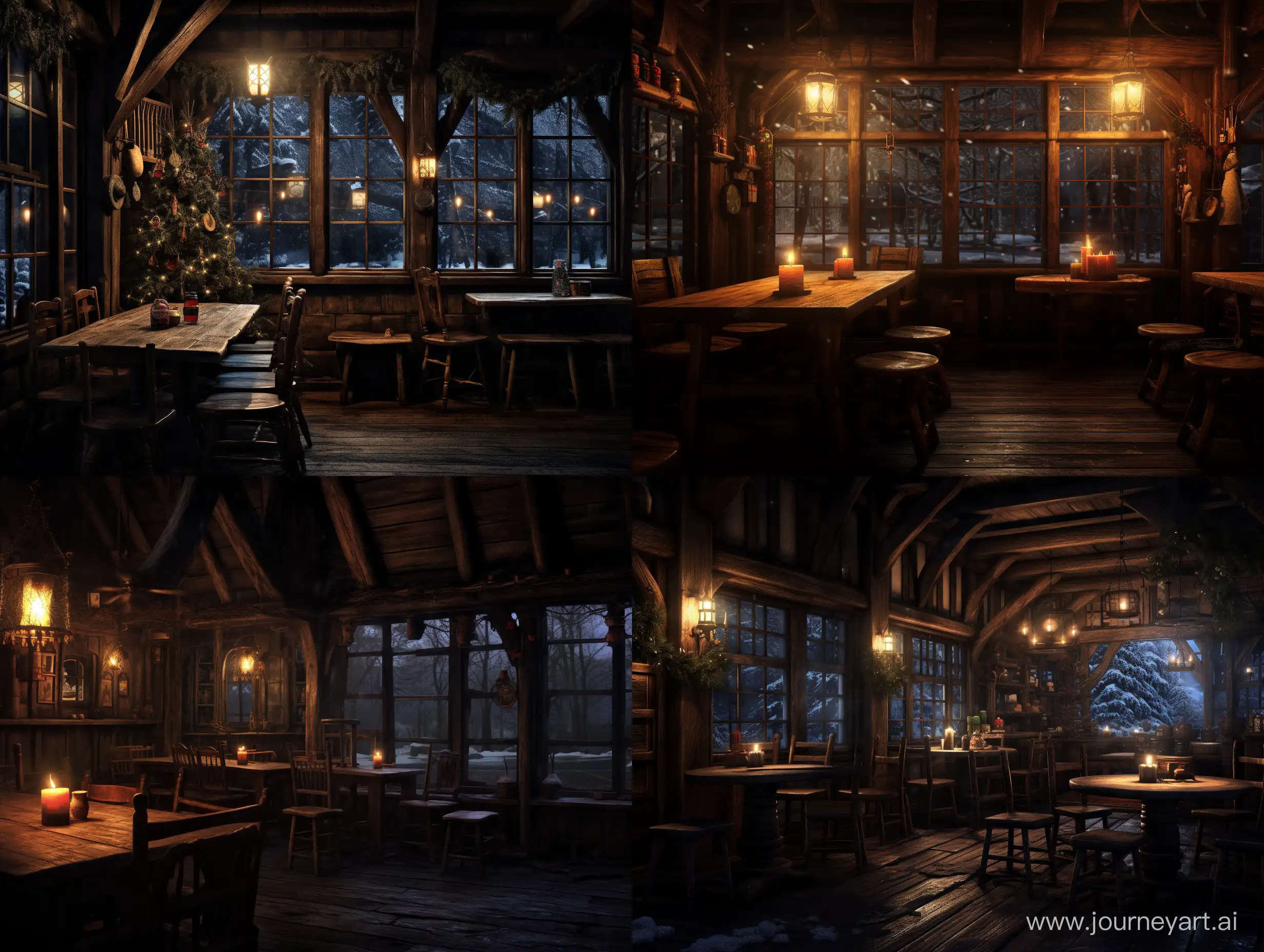 слабо освещённый интерьер деревянной таверны, за окном ночь и идёт снег, освещение свечей