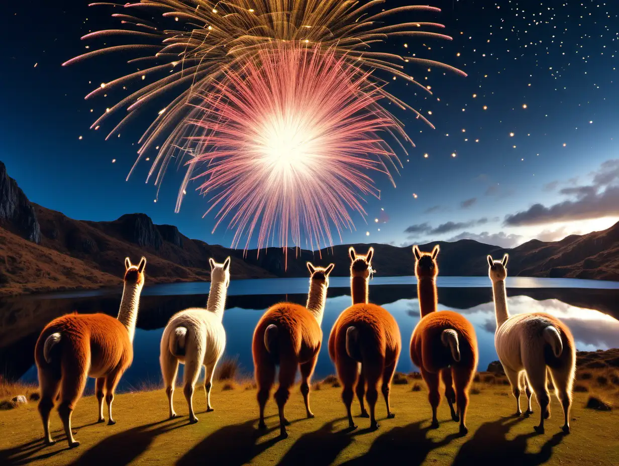 create an image of a herd of llamas at lake toreadora in cajas national park ecuador looking at fireworks across the lake.  The llamas should be facing the fireworks