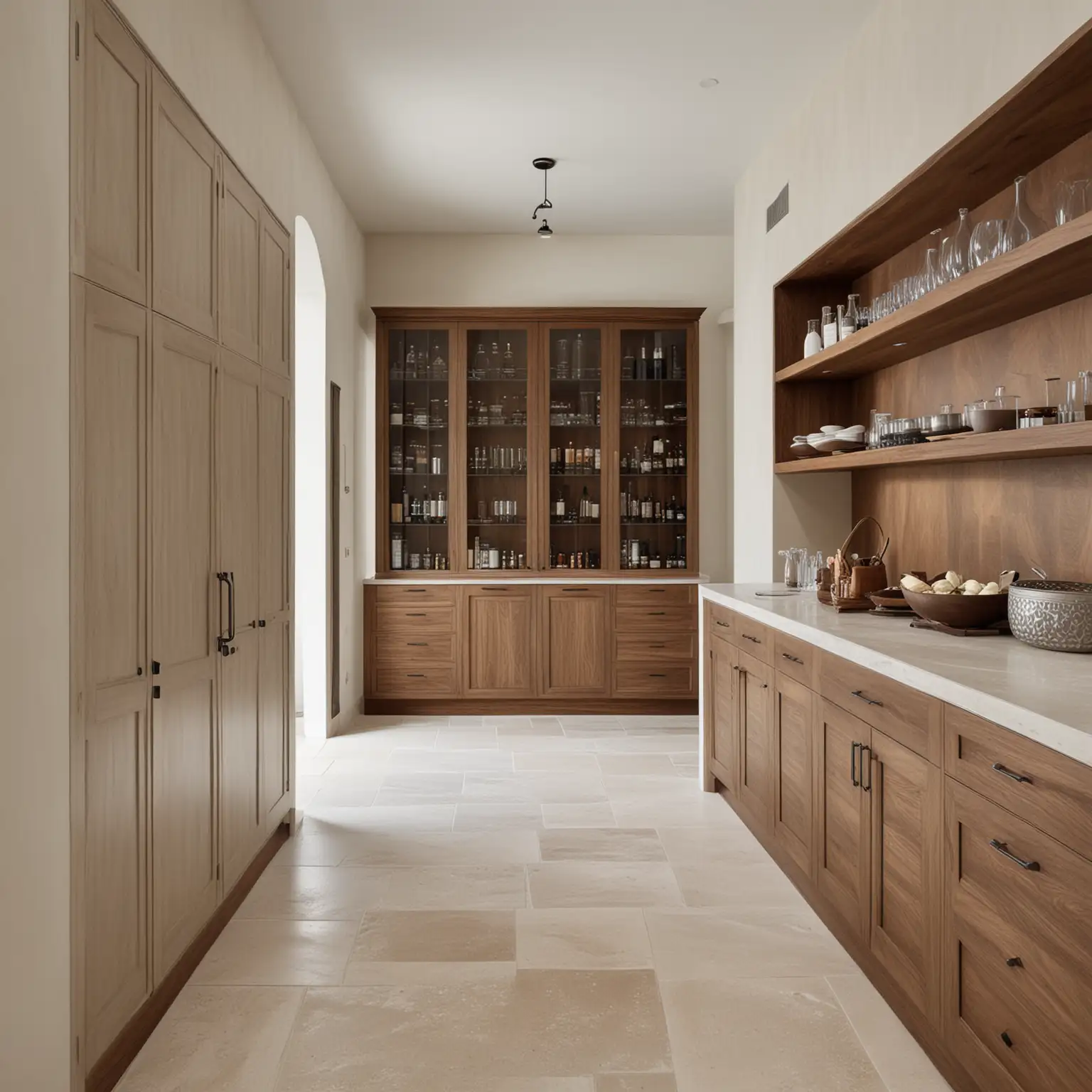 a large minimalist organic mediterranean inspired estate home butlers pantry; limestone floors, walnut wood, limewashed walls'

