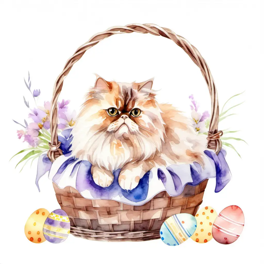 watercolor style, a persian cat sitting in an easter basket on a white background.