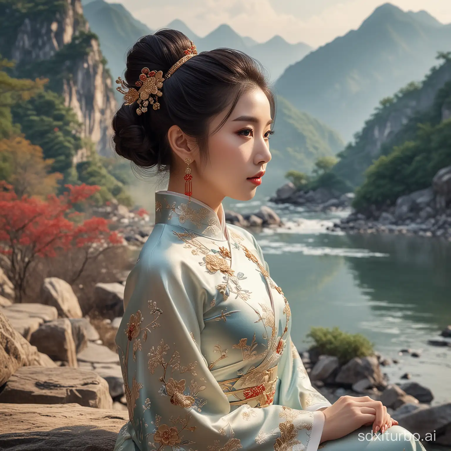 Sexy goddess, charming and pure, high-end Chinese-style cheongsam, exquisite hair bun, rich details, high-definition picture, between the background of mountains and rivers.