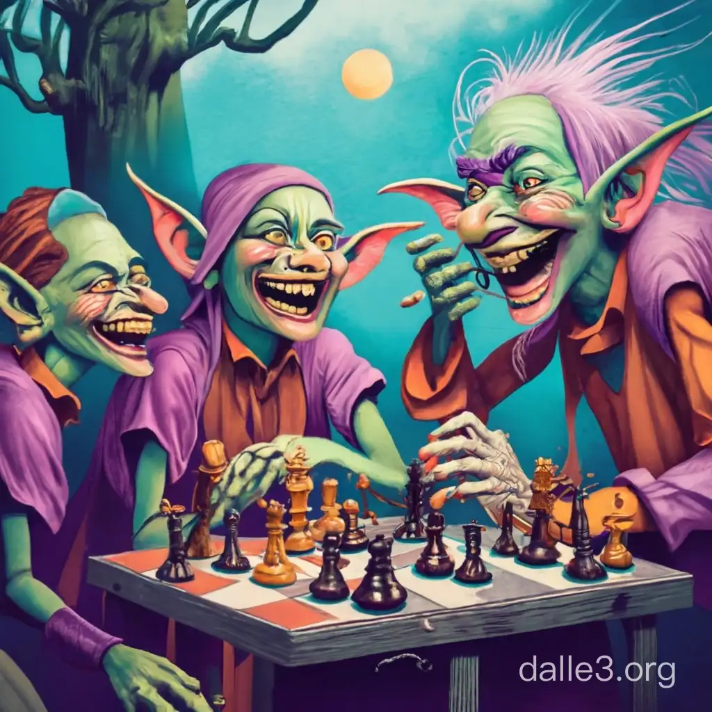 A group of laughing goblins playing chess 