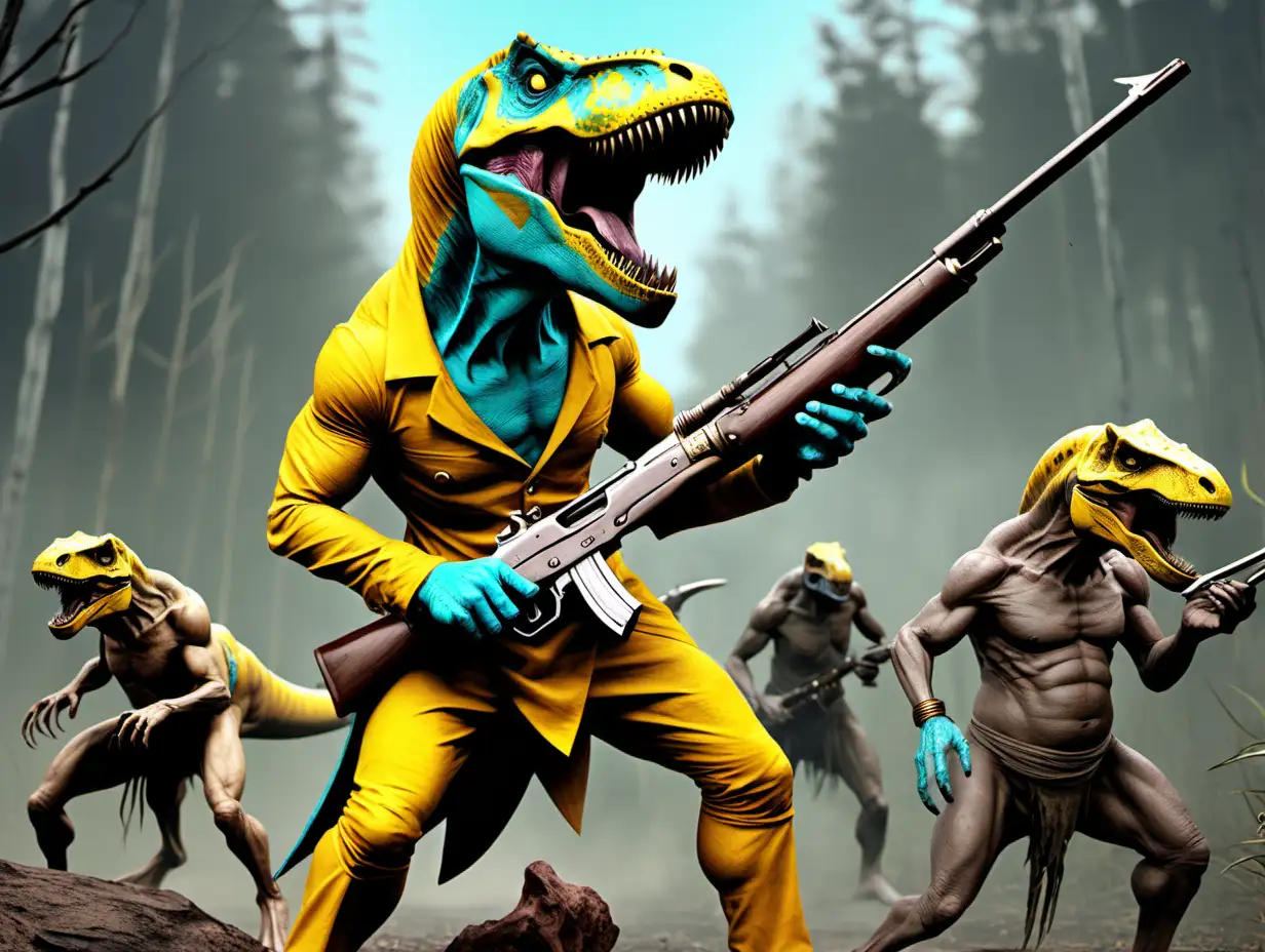 Yellow and cyan Anthropromorphised Trex hunter holding a blunderbuss hunting some primitive wild humans in loin cloths