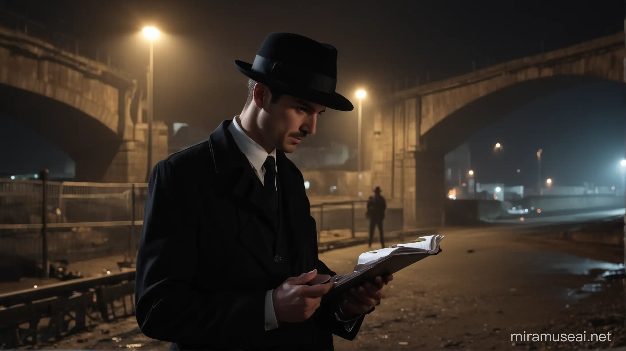 detective with black hat on head with notebook in hand suspecting at crime scene at night under a bridge
