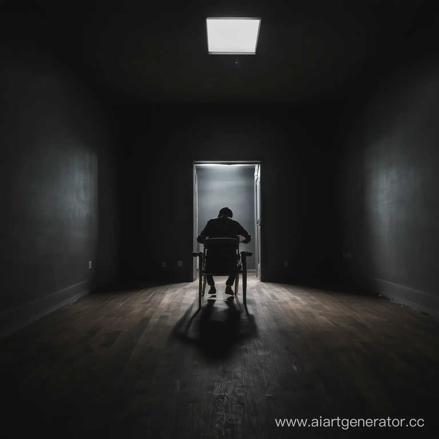 один человек сидит на стуле посреди темной комнаты

