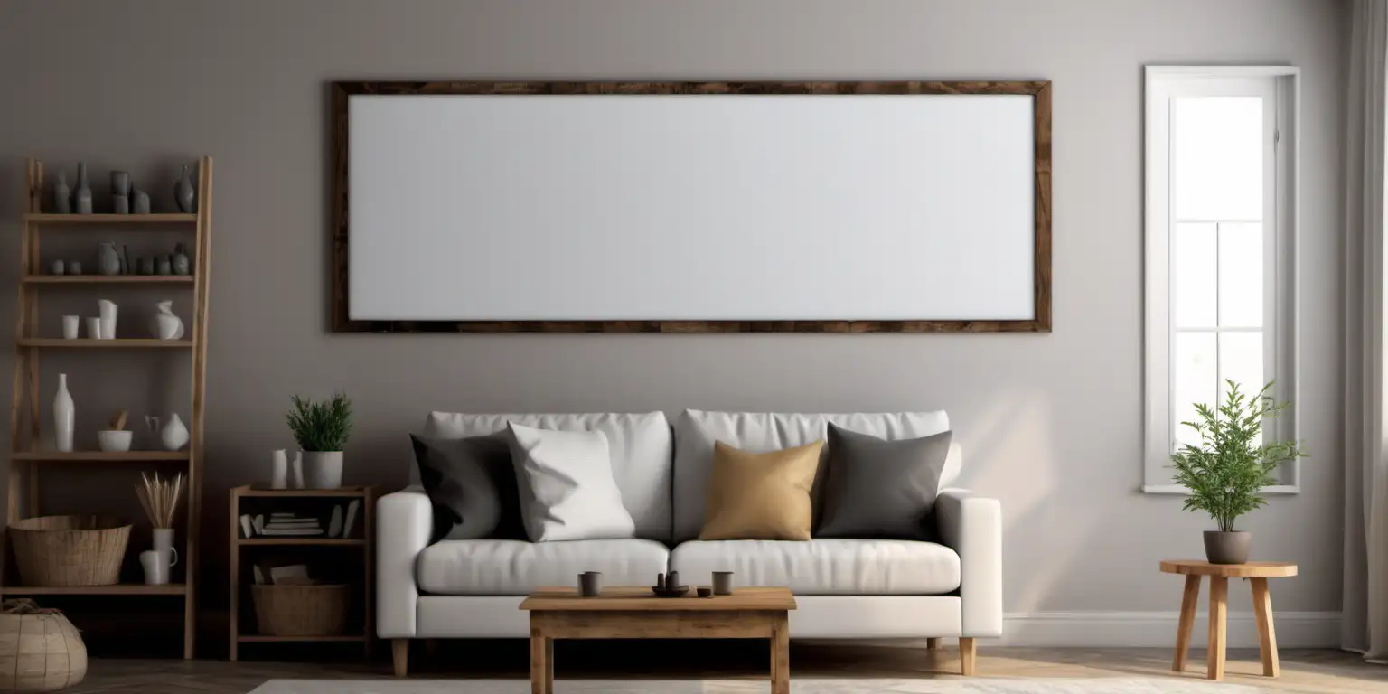Cozy Farmhouse Living Room with Wooden Poster Mockup