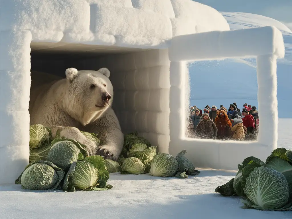 Polar-Bear-Watches-Visitors-from-Snowy-Igloo-with-Cabbage-Pile