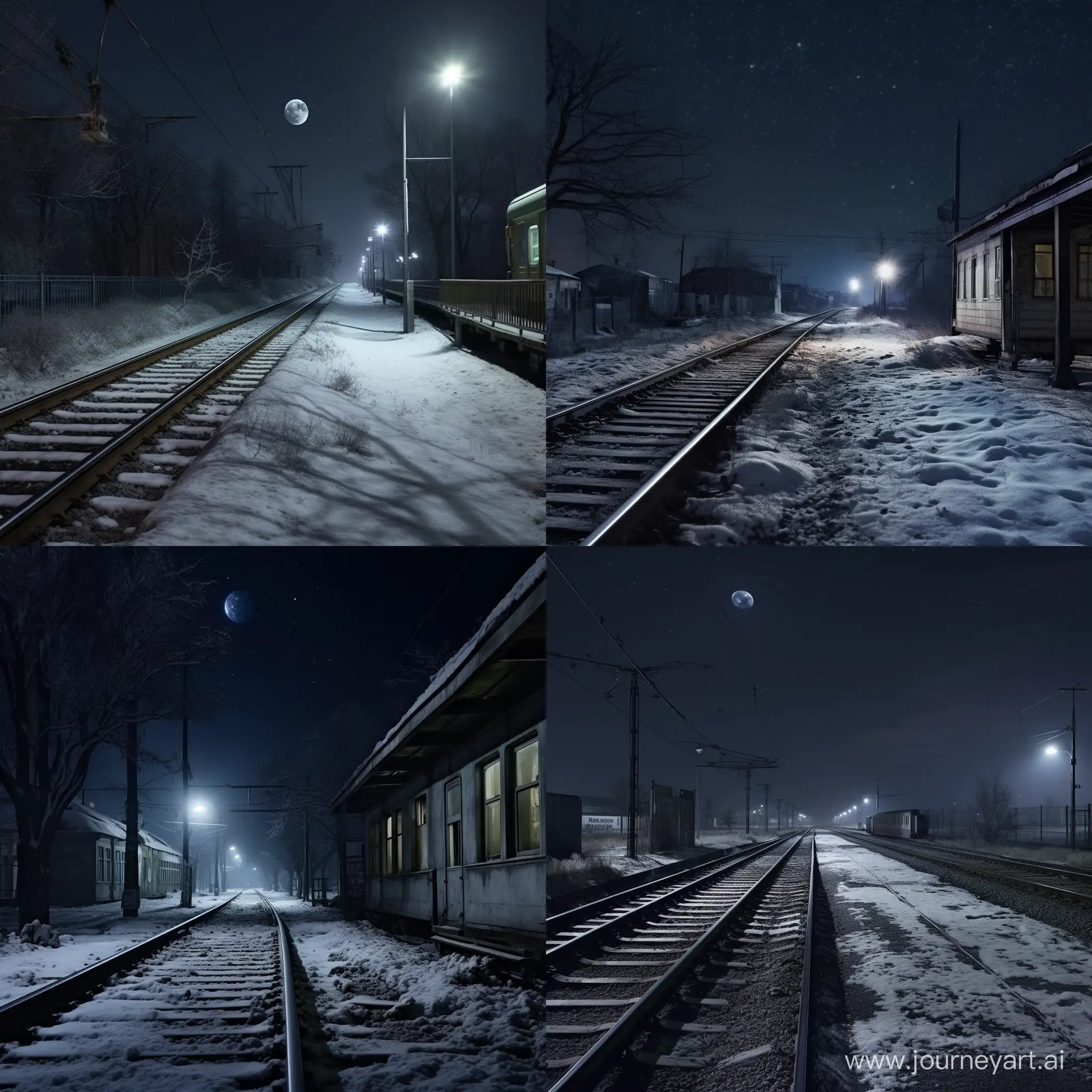 Безлюдная ,в полумраке, железнодорожная платформа, запорошенная снегом, ночью в мороз, в Российской глубинке, далеко от больших городов, фотография, гиперреализм, высокое разрешение