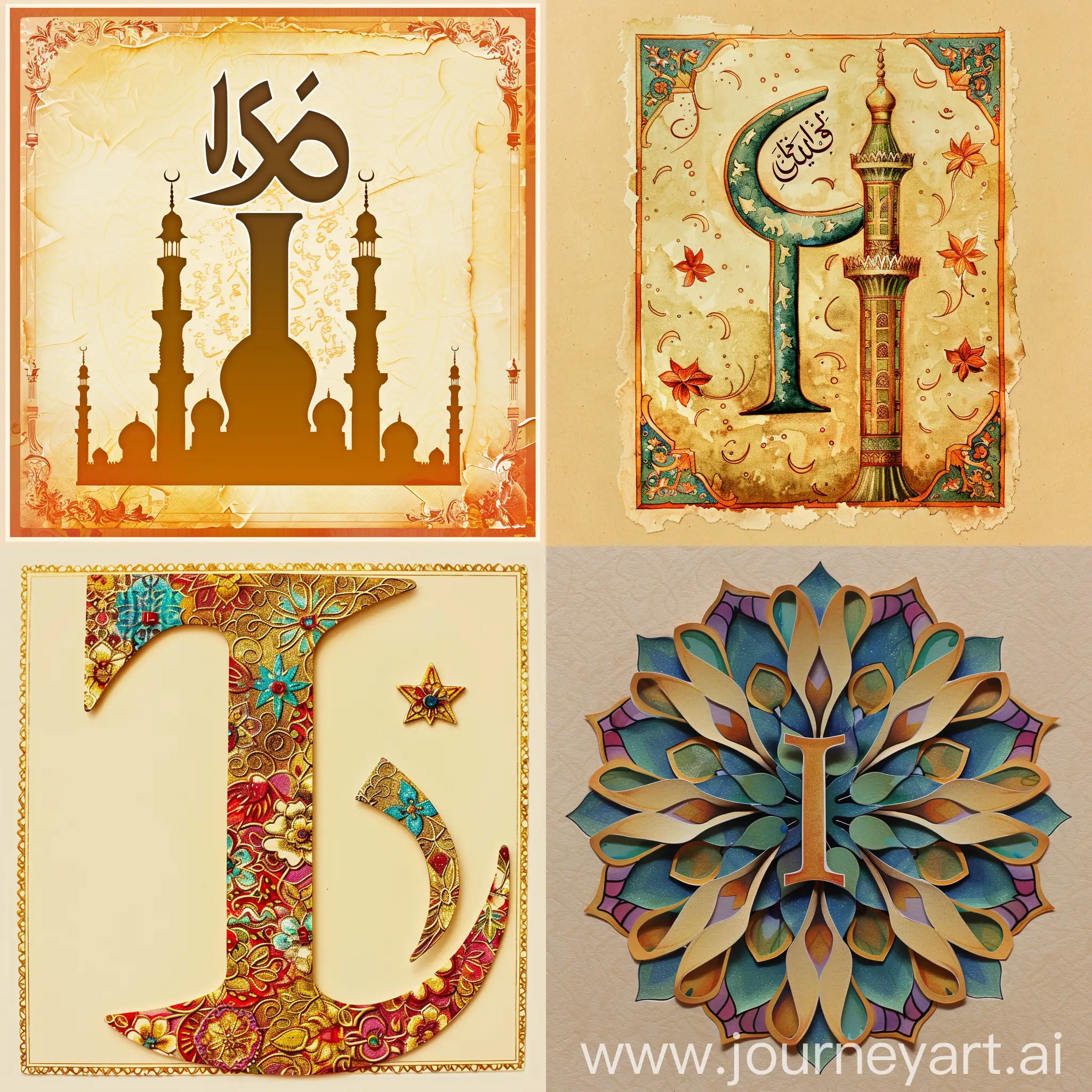 make a eid mubarak greeting card. It must contain a monogram of letters I 