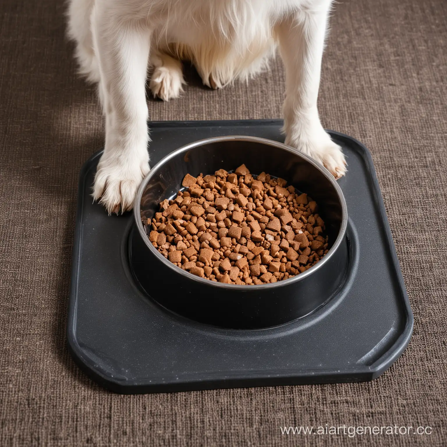 Dog-Eating-from-Metal-Bowl-on-Rubber-Mat