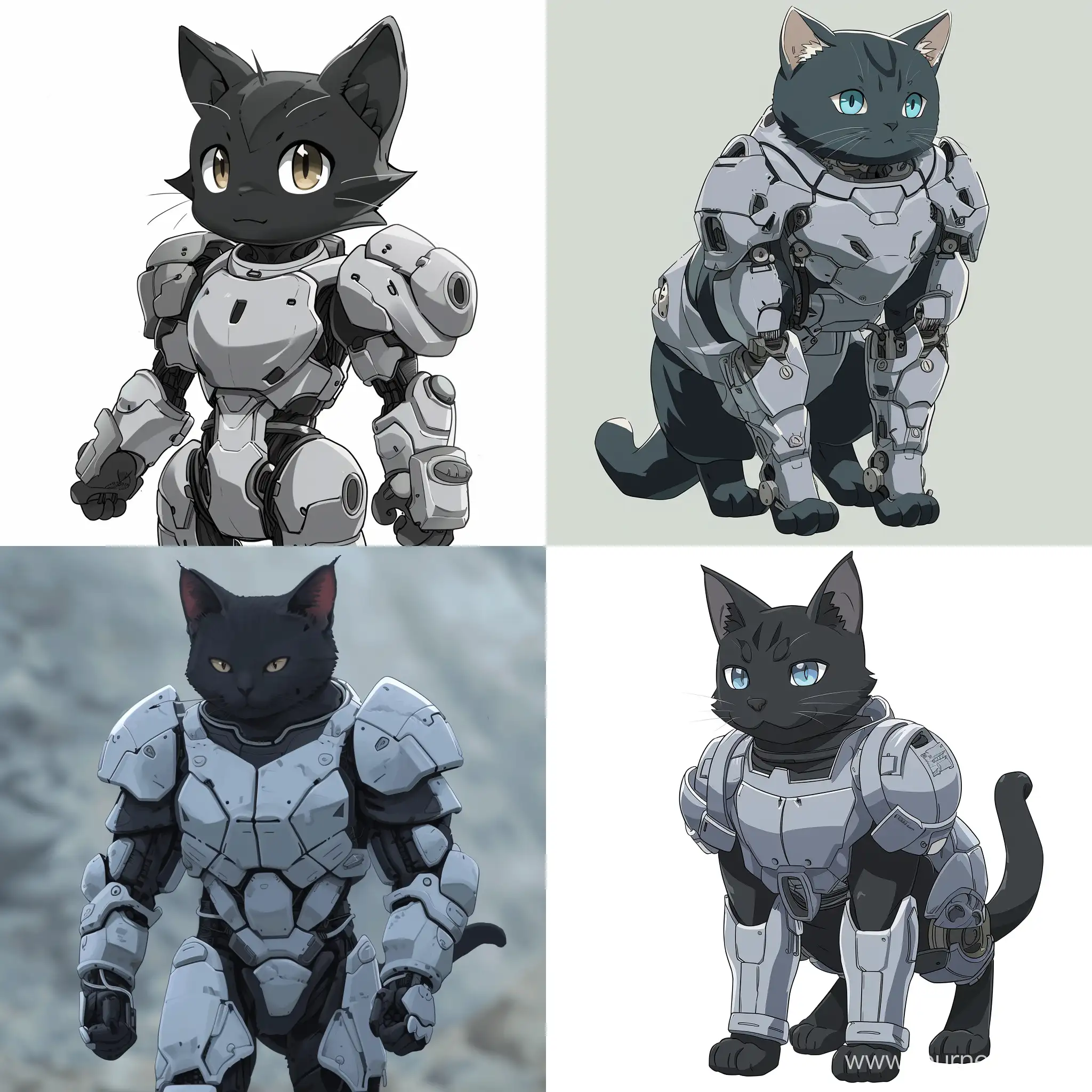 Чёрный низкорослый антропоморфный кот, в светло-серых бионических укреплённых  доспехах, стиль аниме