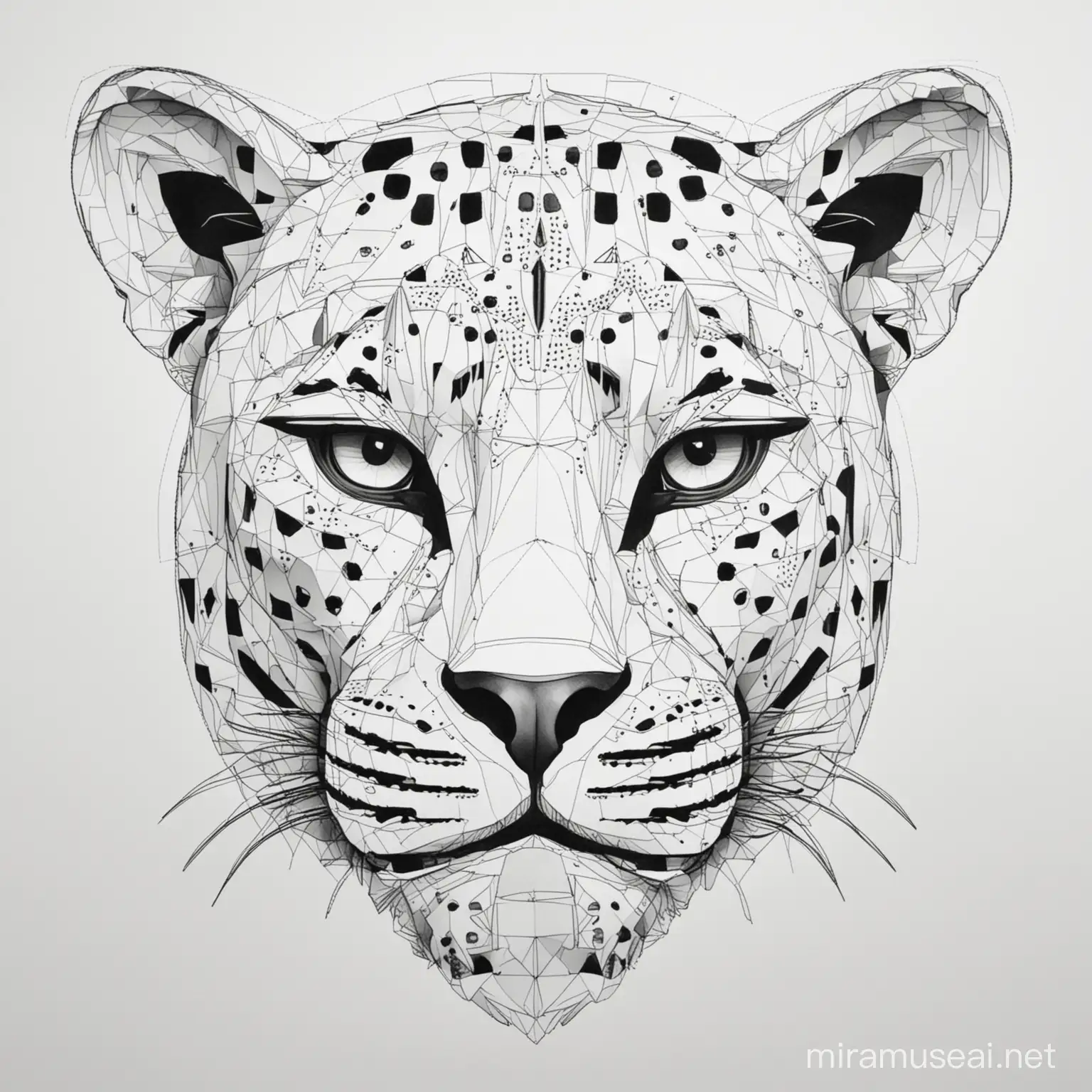 Create a colouring page of A jaguar
,use geometric figures,black and white, in the style abstract minimalism, white background geometric,simple colouring page, no shading