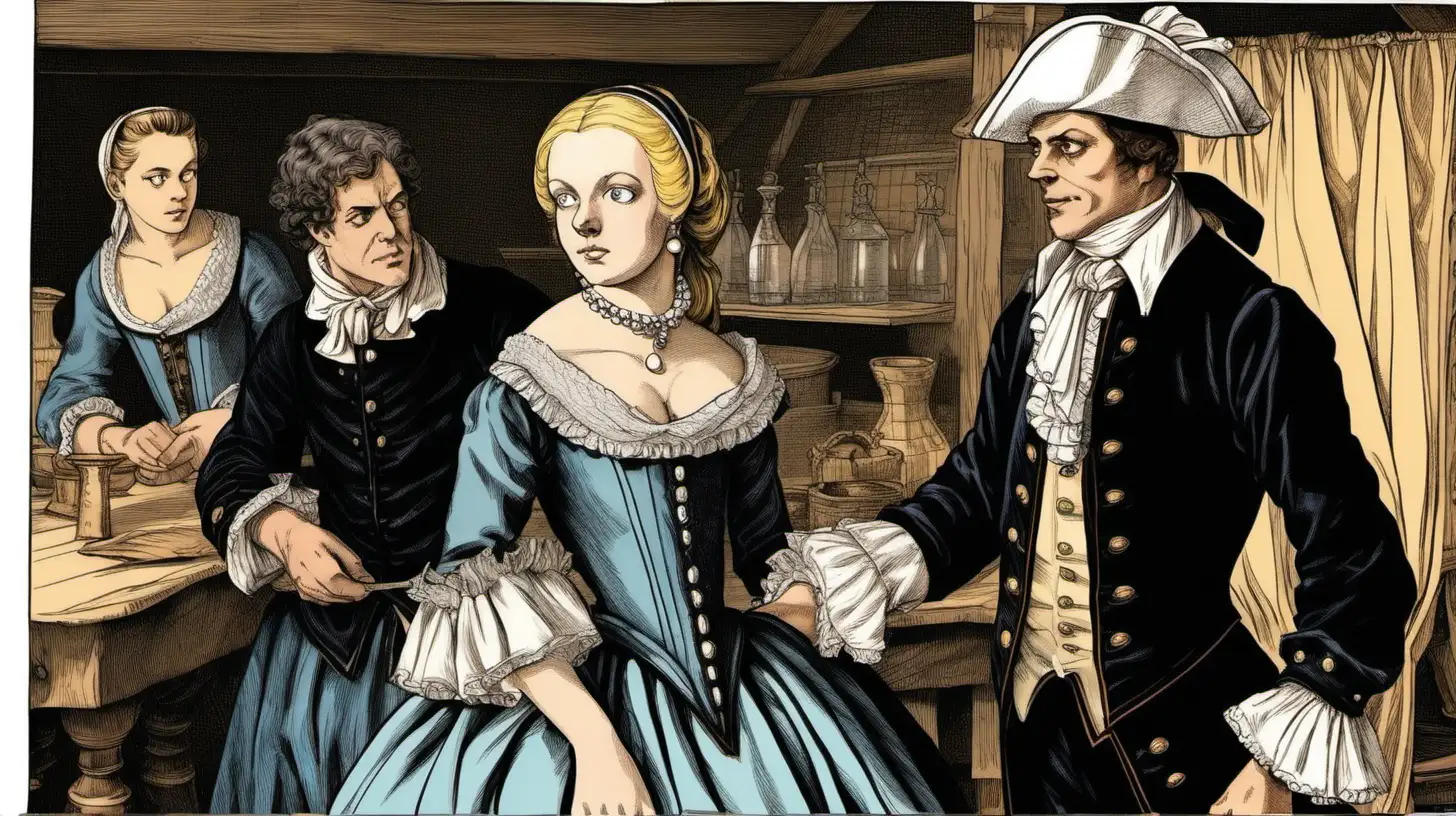 A young woman wearing a fancy black velvet high necked long sleeved 1600s gown, she is wearing a lace shawl, she is wearing a black velvet and white lace turban, she has white-blonde hair and pale blue eyes, she stands in a 1600s Dutch sailor's tavern, she is arguing with a male sailor, she has a determined look on her face, she is wearing pearls, she is wearing gold and diamond jewelry