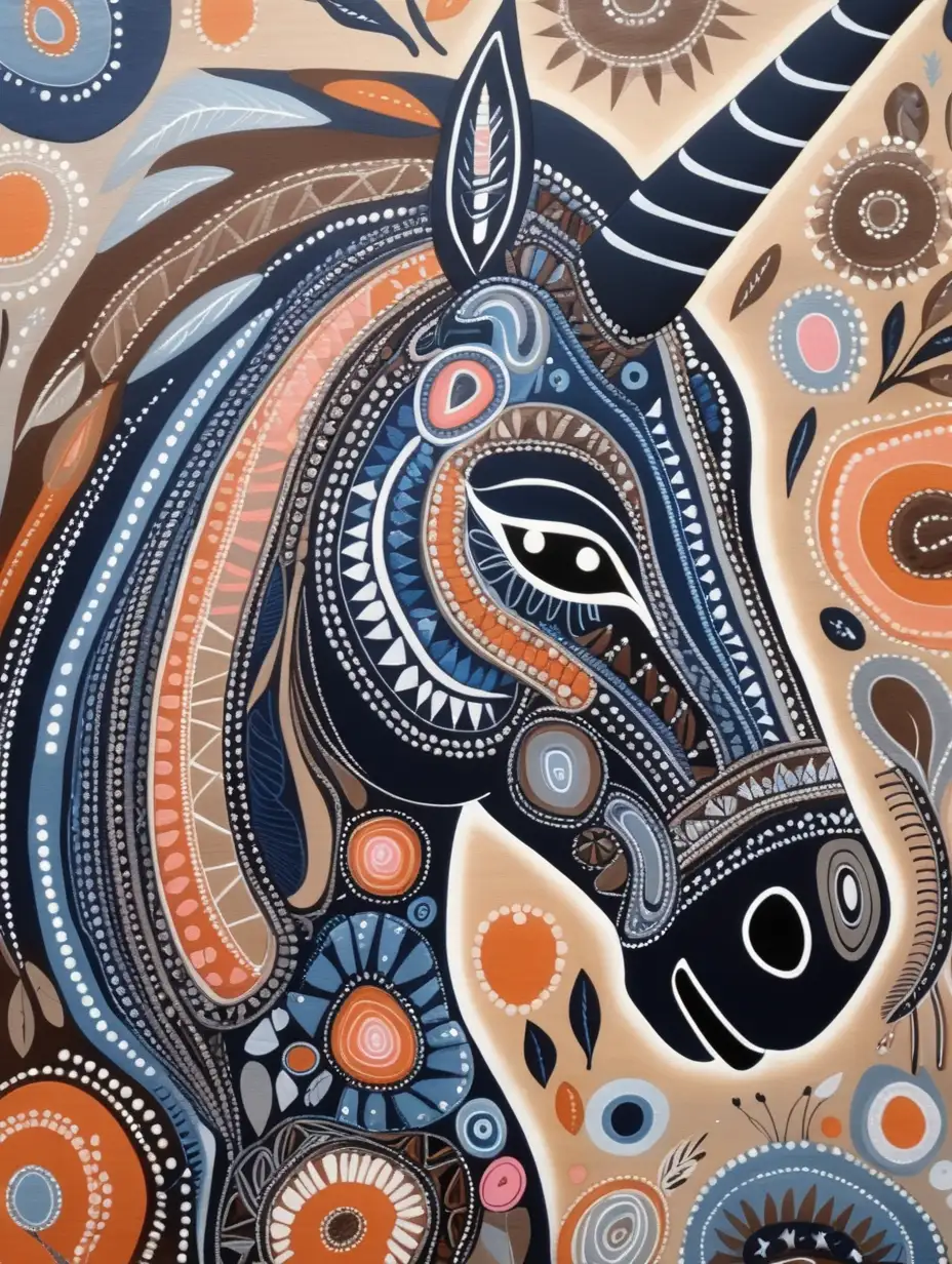 modern-australian-aboriginal-art with-light background and earthy colors, black, navy blue pink-blue-orange-brown-white-grey-black-with-a-unicorn